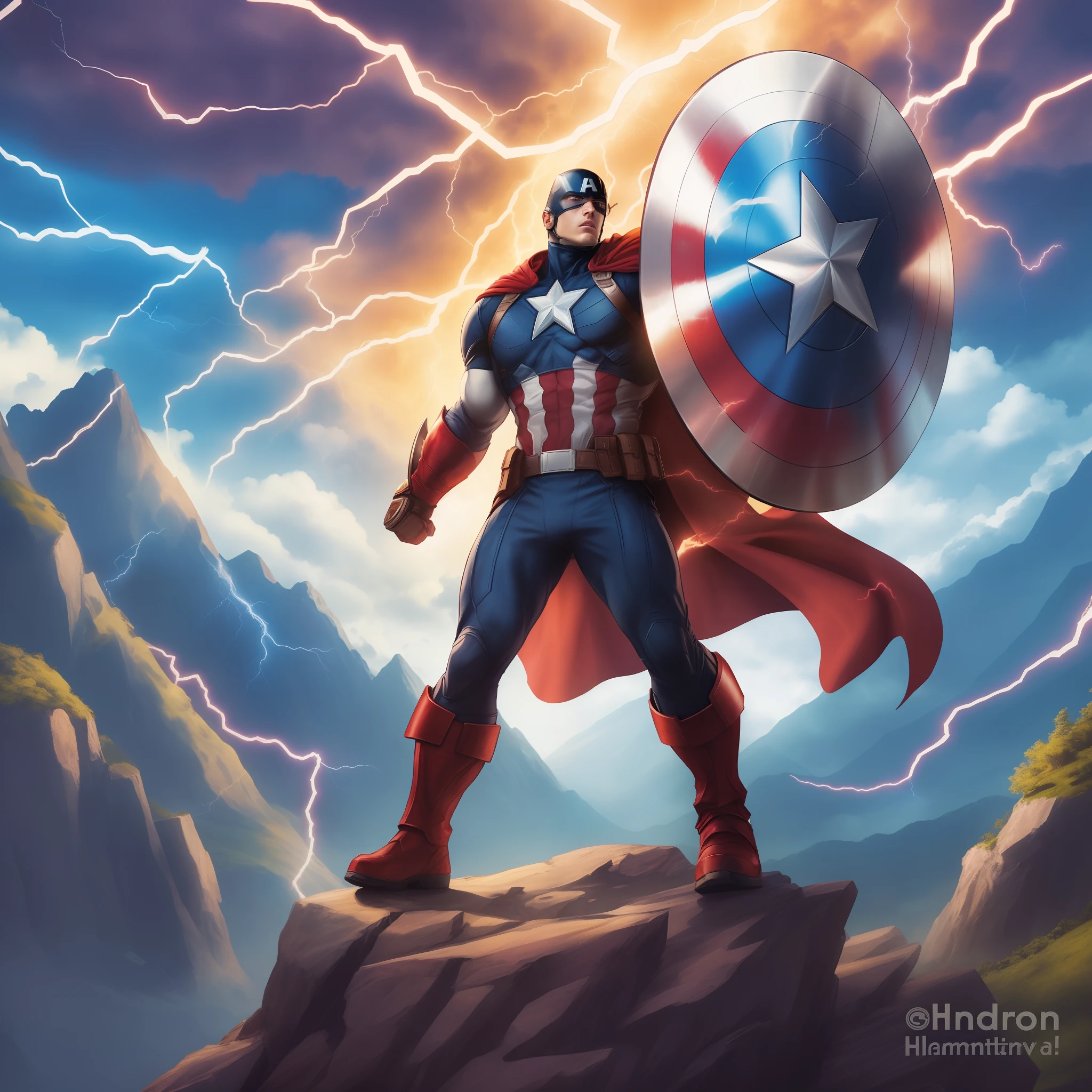 action-packed scene of a superhero that has the shield of Captain America and the hammer of Thor. The superhero should be in a heroic pose, standing on a mountain top and summoning lightning from the sky