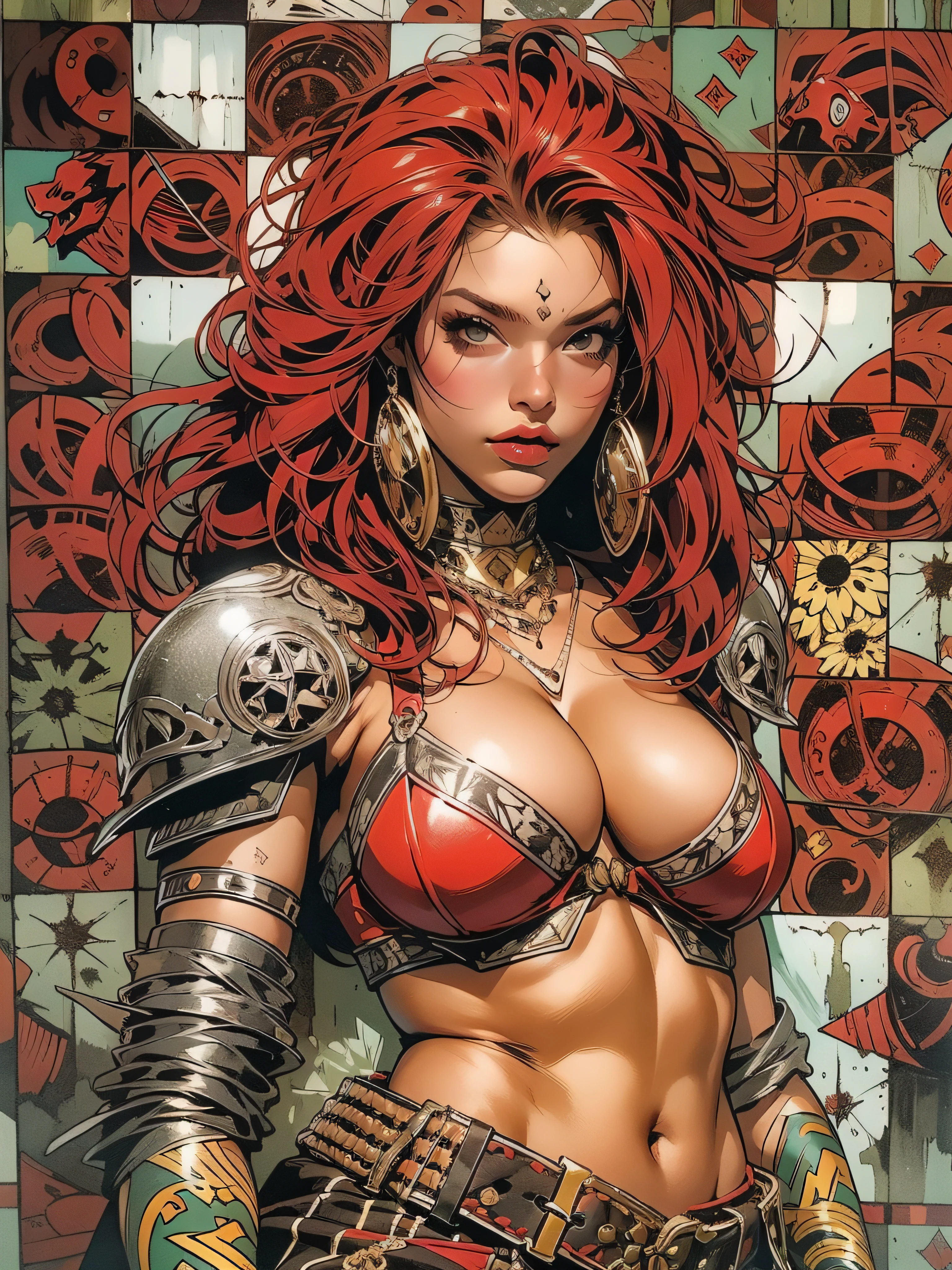 (((mulher))), (((melhor qualidade))), (((obra prima))), (((adulta))), Uma guerreira mulher de 35 anos com corpo perfeito, Brooklyn Gladiators, (( under boobs )), quase nua no estilo selvagem urbano de Simon Bisley para a capa da revista Heavy Metal, cabelo loiro, Minimum clothing, red and white checkered pattern, armadura, cheio de pontas e rebites, tatuagem tribal, (((do joelho pra cima))), cabelo desalinhado