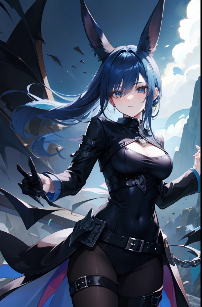 Final fantasy, bunny boy, dark blue hair, sage, demon hunter outfit, boss raid, pov high