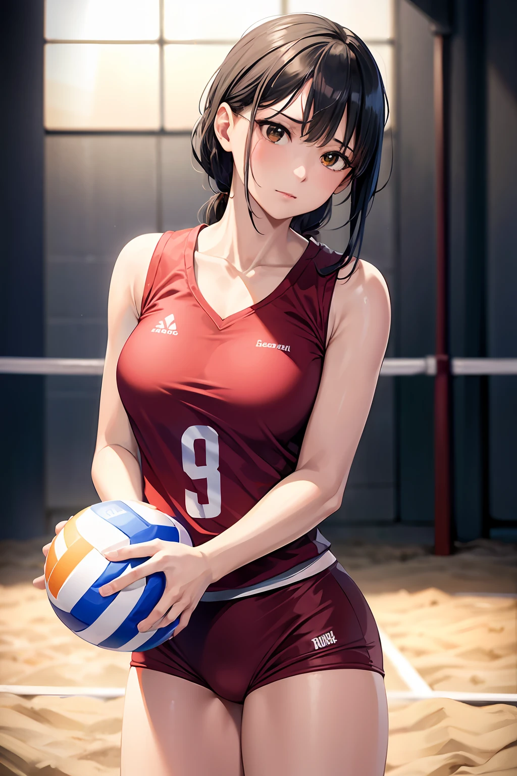 woman posing for a photo,(wearing volley_uniform:1.3),
good hand,4k, high-res, masterpiece, best quality, head:1.3,((Hasselblad photography)), finely detailed skin, sharp focus, (cinematic lighting), collarbone, night, soft lighting, dynamic angle, [:(detailed face:1.2):0.2],(((inside volleyball field))), outside,