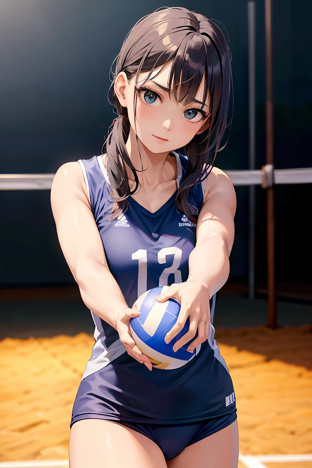 woman posing for a photo,(wearing volley_uniform:1.3),
good hand,4k, high-res, masterpiece, best quality, head:1.3,((Hasselblad photography)), finely detailed skin, sharp focus, (cinematic lighting), collarbone, night, soft lighting, dynamic angle, [:(detailed face:1.2):0.2],(((inside volleyball field))), outside,