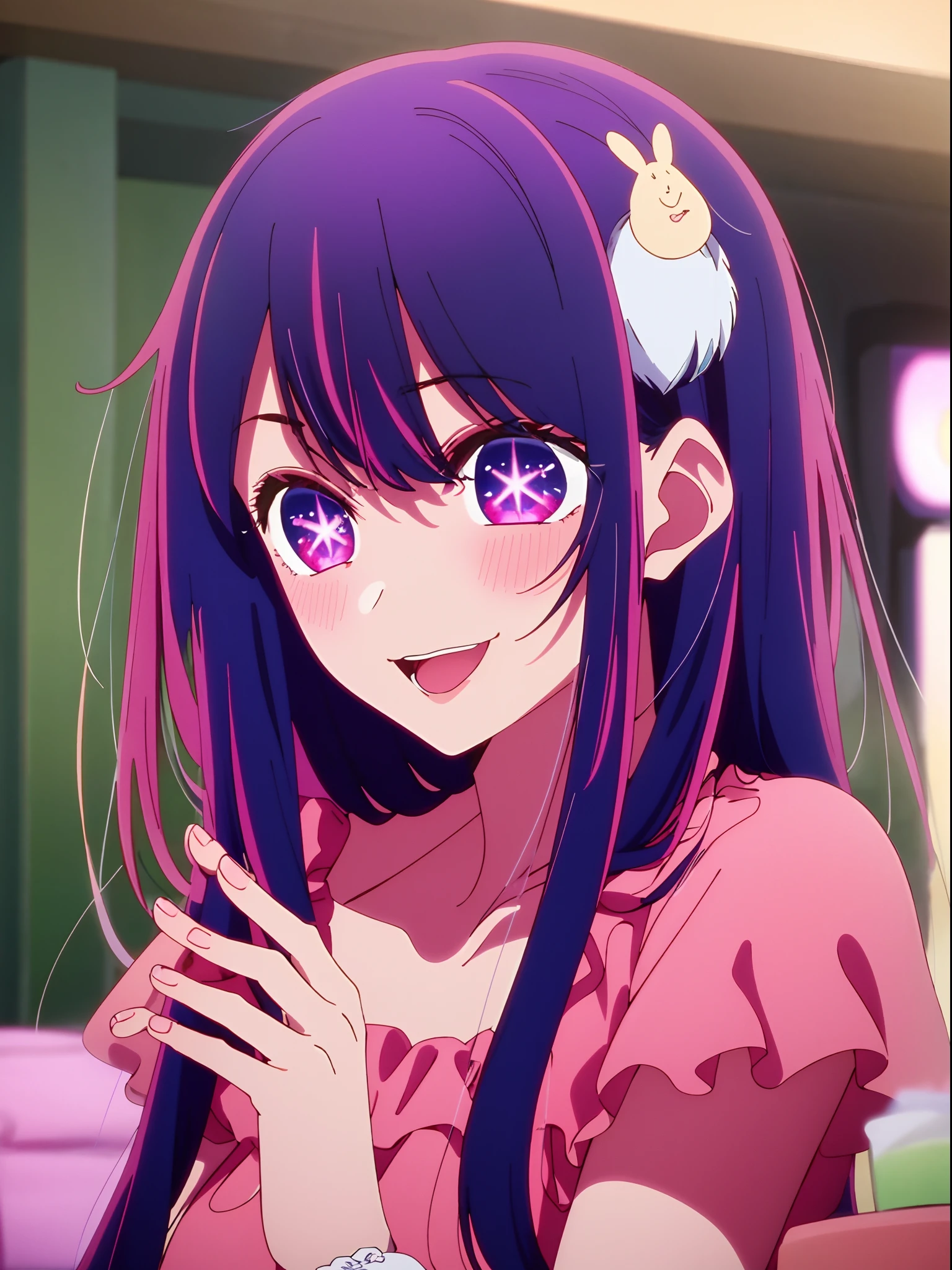 masterpiece、ighly detailed、(1 girl in:1.2)、purple color hair、pink dress、big eye、a closeup、A smile、8K、Ai Hoshino、Live performance venue、