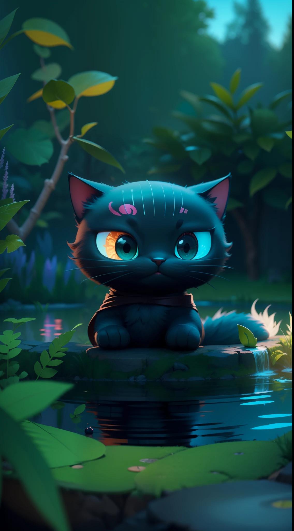create a vibrant dark fantasy cute ninja cat in a clean-lined minimalistic cartoon style, in the background a pond with greenery all around on a fabulous evening, octane render, 8k