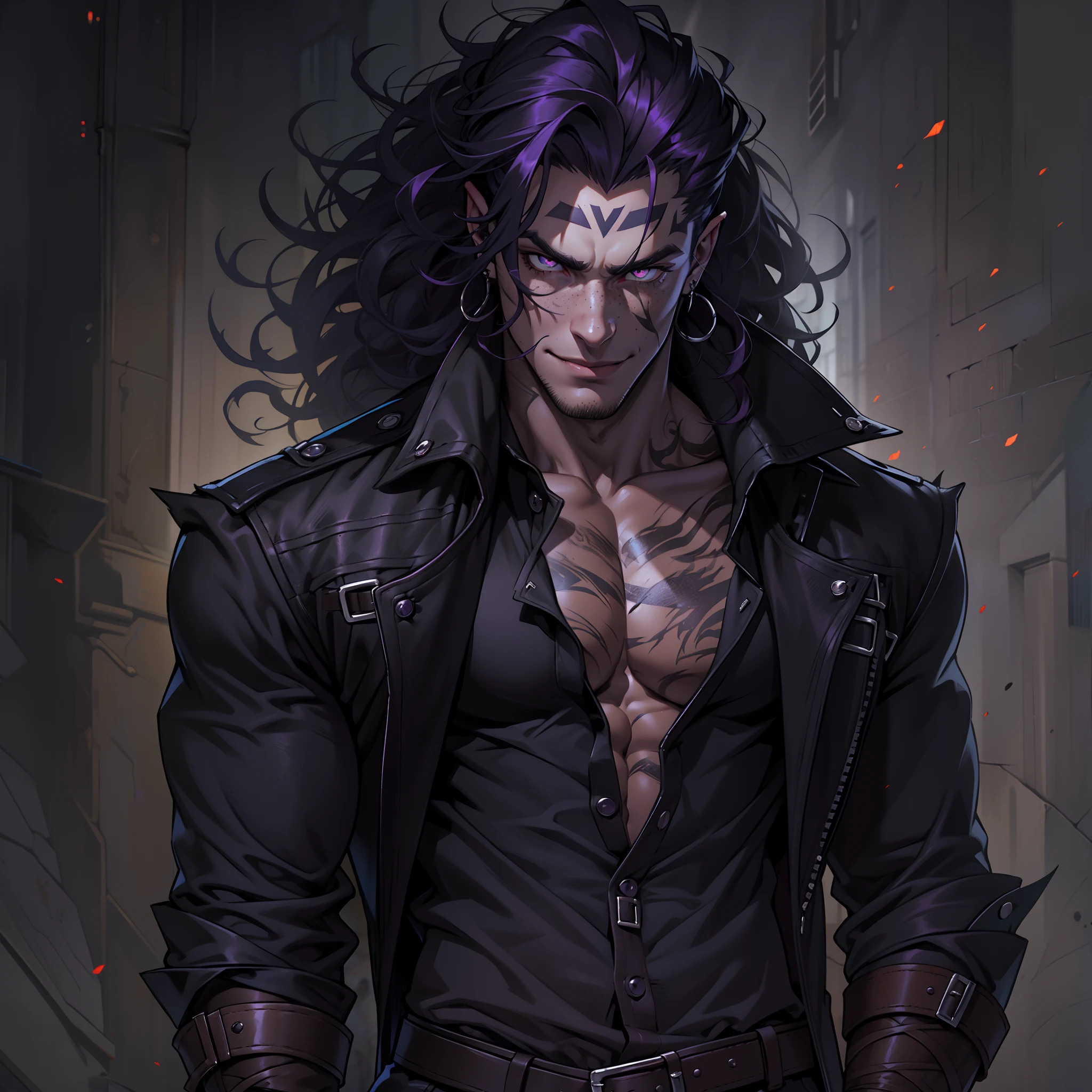 Handsome male. Dark silky purple hair, amber eyes, lean and muscular build, with a sharp jawline and a devilish smile. I'm dressed in fine black clothes and have a silver stake tucked in my sleeve. Vampire. Bara. Bulge in pants. Black boots. Piercings. Wavy hair. Freckles. Dimples. Brown skin