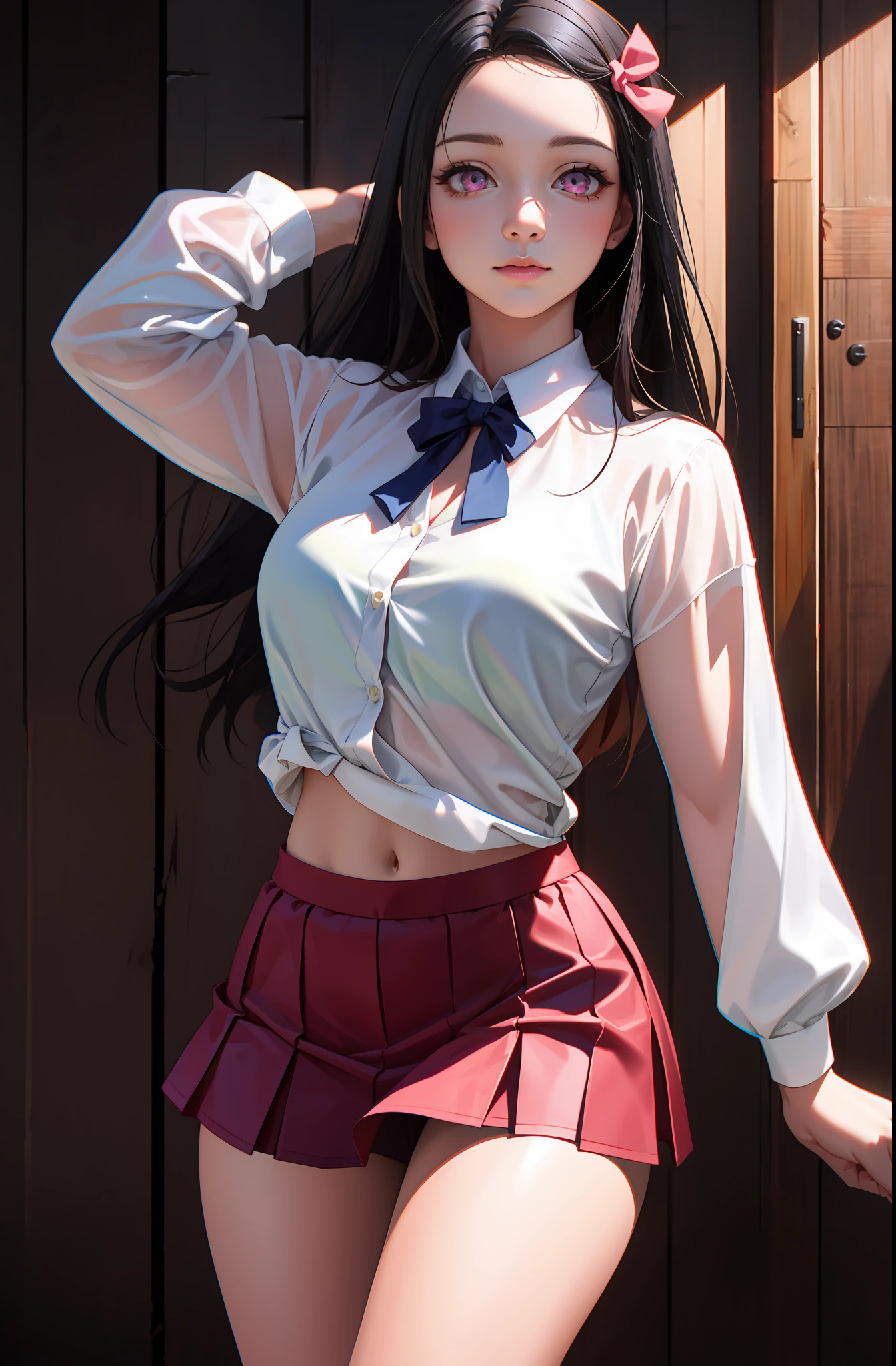 masterpiece, 4k, uhd, detailed realistic eyes, best quality, bamboo, closed mouth, beautiful lighting, cinematic, 8k, solo, 1girl, facial, pretty face, liner, wooden walls, medium tits, white shirt, mini skirt, back, sexy hips, kamado nezuko, pink eyes,