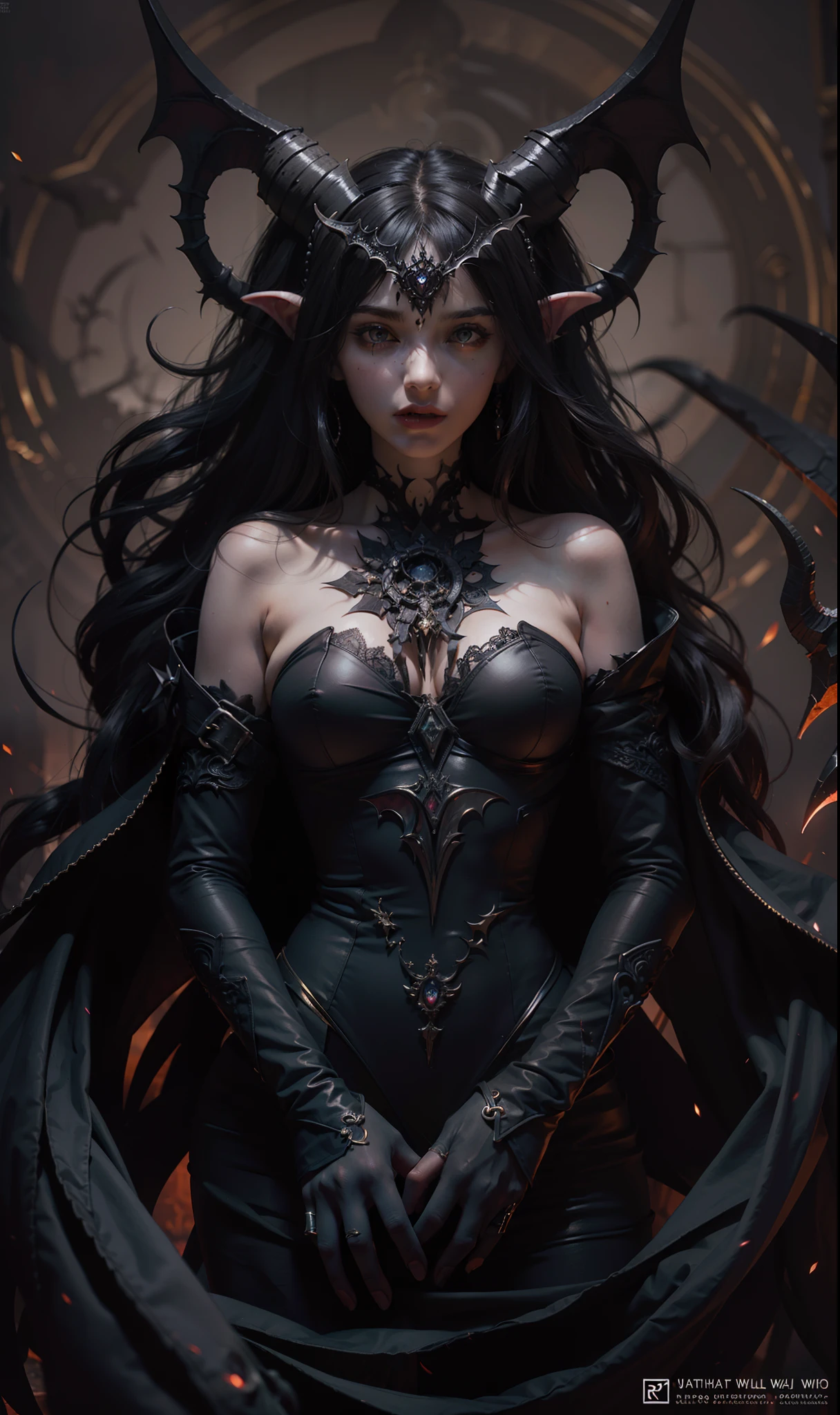 Beautiful photograph of perfect ((demonic Succubus)), slender body, big heavy breasts, shapeless long hair, tiny horns, (wearing revealing gothic outfit), perfect features, abstract beauty, near perfection, pure form, ((dynamic pose)), ethereal demonic background, (dark shadows), ((rim lighting)), concept art by Greg Rutkowski and John William Waterhouse and Alphonse Mucha, stunning details, intricate details, 8k post-production, High resolution, super details, trending on ArtStation, sharp focus, depth of field f/1.8, studio photo.