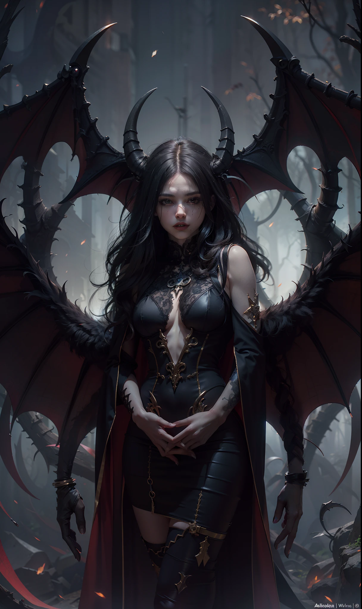 Beautiful photograph of perfect ((demonic Succubus)), slender body, big heavy breasts, shapeless long hair, tiny horns, (wearing revealing gothic outfit), perfect features, abstract beauty, near perfection, pure form, ((dynamic pose)), ethereal demonic background, (dark shadows),  ((rim lighting)), concept art by Greg Rutkowski and John William Waterhouse and Alphonse Mucha, stunning details, intricate details, 8k post-production, High resolution, super details, trending on ArtStation, sharp focus, depth of field f/1.8, studio photo.