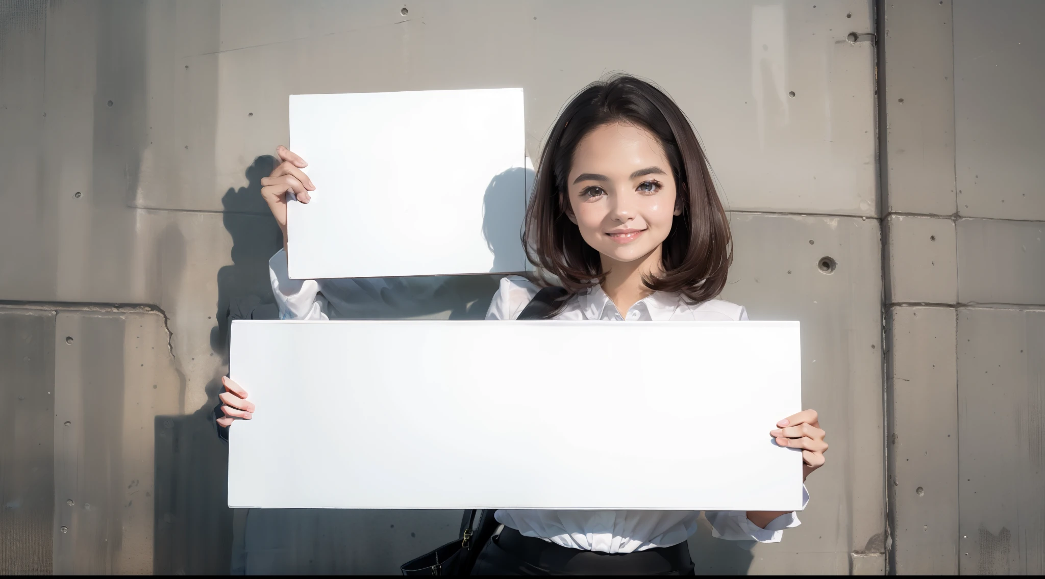 a woman,(solo:1.5) smile, medium breast, dynamic pose, model pose, white blouse, black pencil skirt,Holding_Sign
