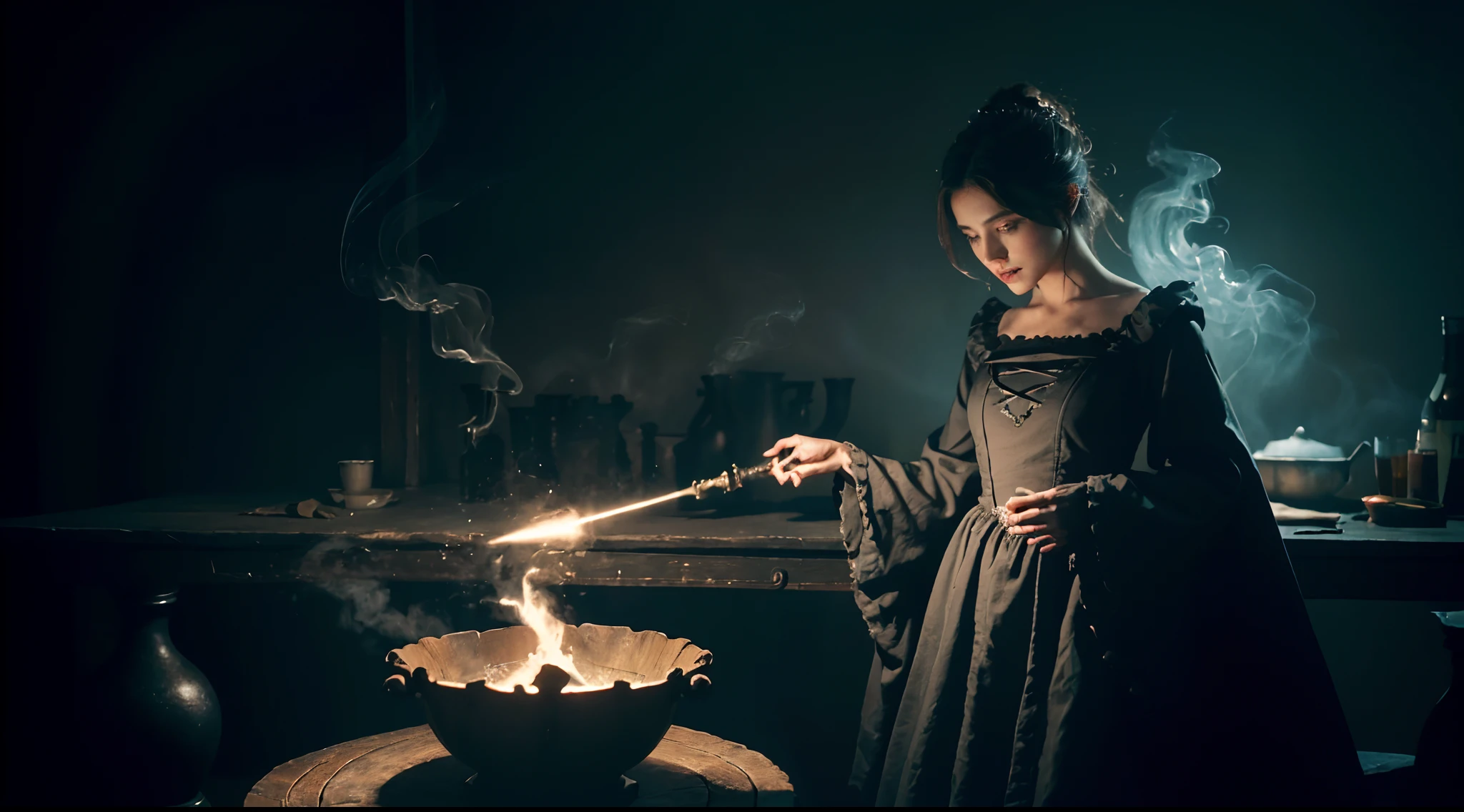 (Koda850 k portrait camera), (F1 de primavera.6), (texturas ultrarrealistas), (texturas de luz espectaculares), (fashion mechanics Cinestil 800), (Paquete de abdominales de seis: 1.4), ((Woman in medieval witch clothes holding a magic wand performing an invocation in a magic cauldron in a quarter of the 19th century and within the smoke generated is a silhouette of a magical dragon)), Mujer, Magic Dragon, Full HD, 4k, ultra realista, Hyper detallado, portal cielo astral, , Motor Unreal 5, (arte oficial:1.3) (obesidad: 1.6) (Dark vignetting)(Claridad: 1.4)(fugas de luz)(32K)