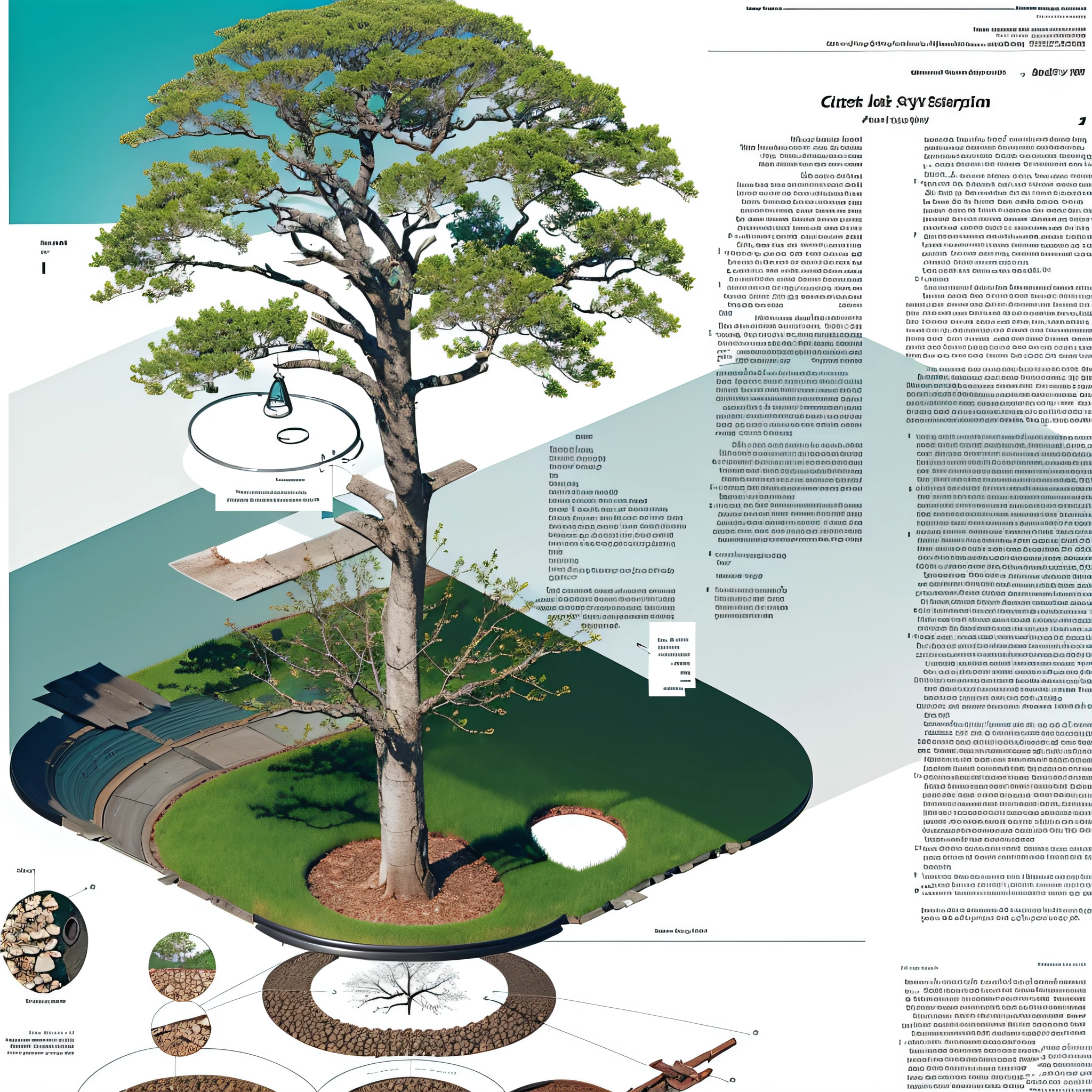 circular oak tree, symetrical, xray of the underground soil with dead leaves, vibrant and beautiful green leaves on the top, owl hole in the trunk, blue print, Disassembly diagram,