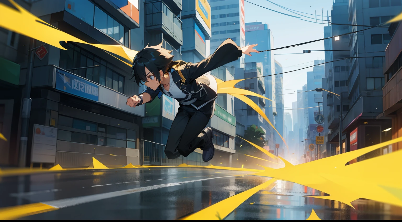 kirito correndo na rua de uma cidade grande. tudo altamente detalhado
