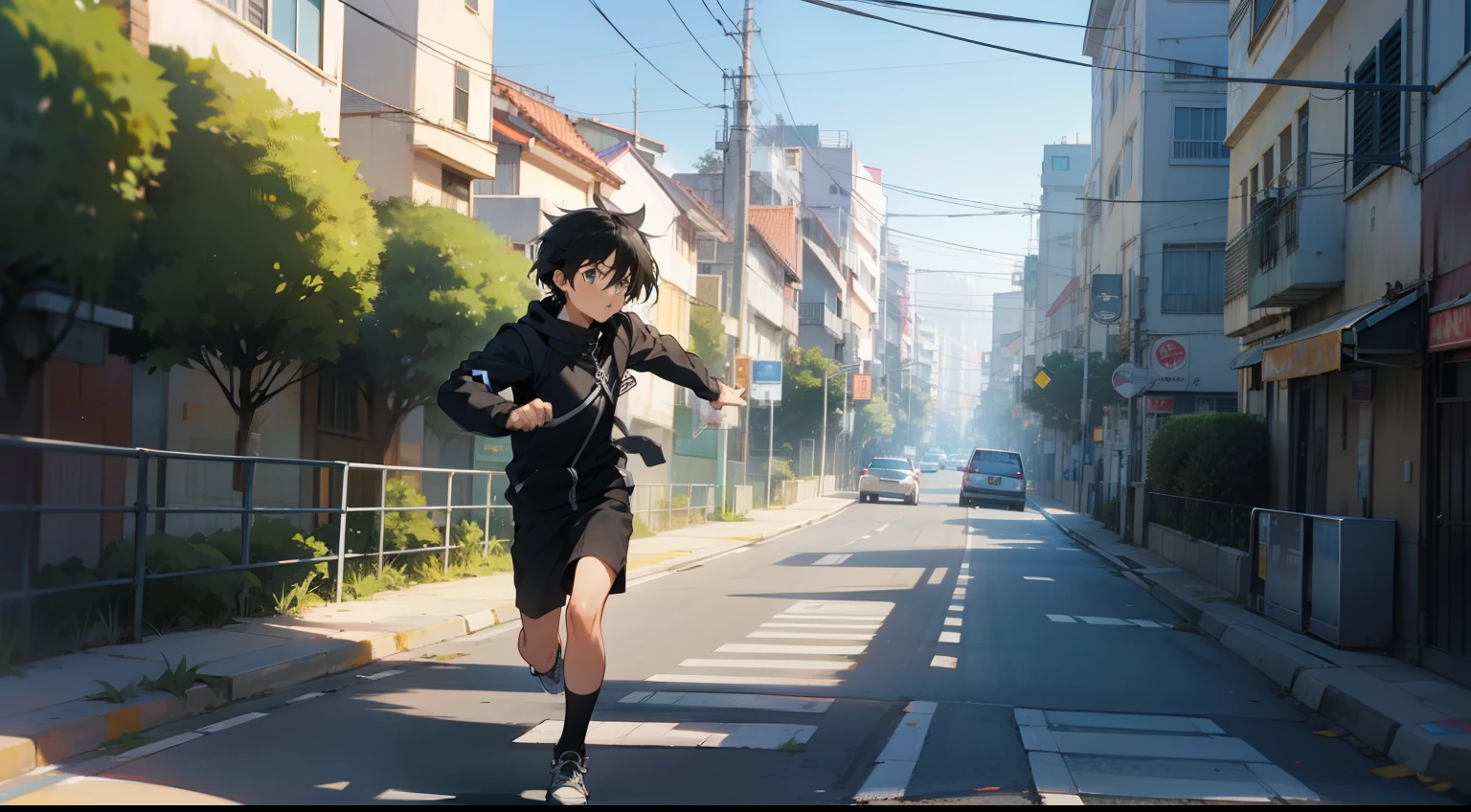 kirito correndo na rua de uma cidade grande. tudo altamente detalhado