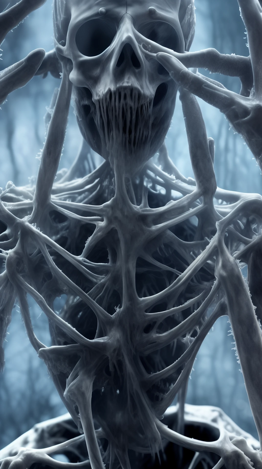 dark, horror, masterpiece, best quality, intricate detail, absurdres, DREAD, a skeletonized man with bits of flesh hanging off his bones, his skull is covered in icicles and frost, intricate carving, wearing a face mask, glowing eye sockets, wearing a frozen blue crown