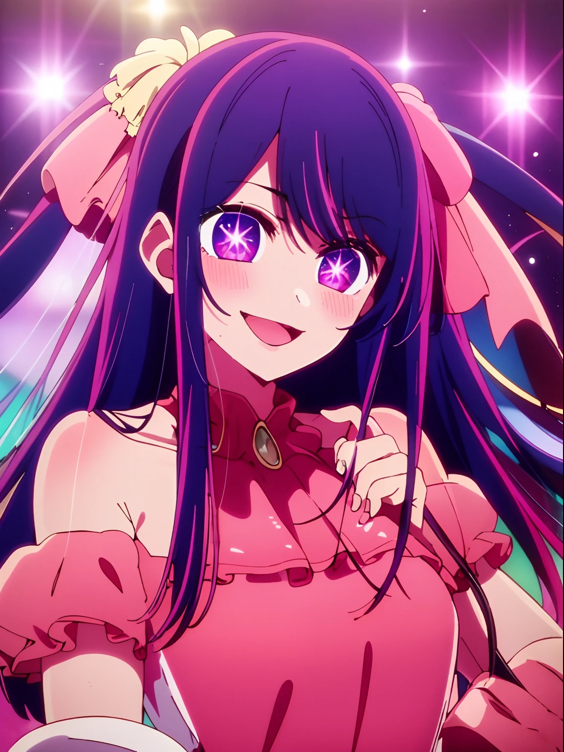 masterpiece、ighly detailed、(1 girl in:1.2)、purple color hair、pink dress、big eye、a closeup、A smile、8K、Ai Hoshino、Live performance venue、