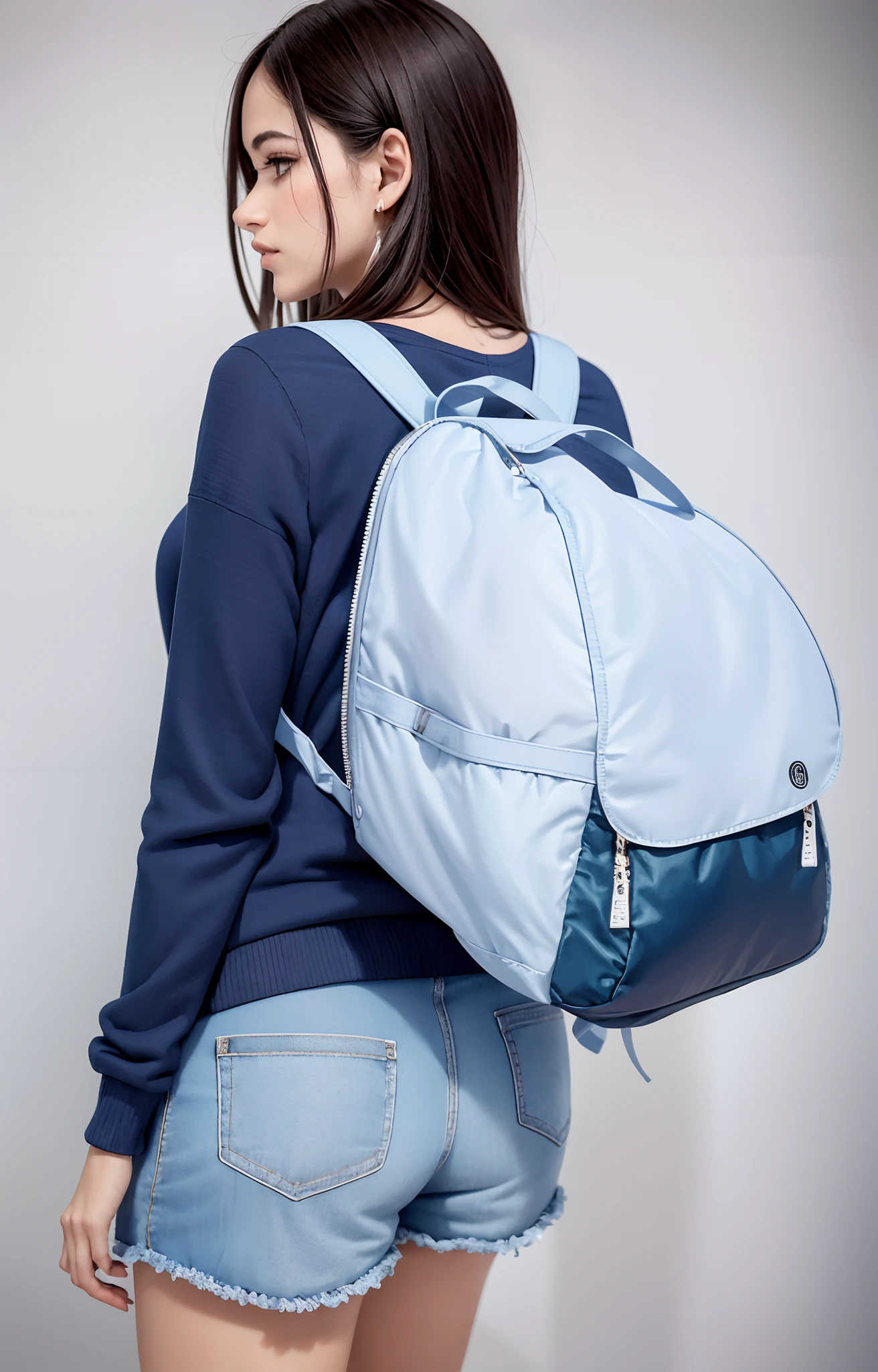 Uma mulher bonita de shorts esportivo (shorts esportivo tem) and blue sweater is carrying a backpack, shorts nylon, shorts esportivo, Behind Accentuated,  Back from Toned, Propriedade tonificada, uma mochila, mochila, com uma mochila, mochila disco de controle remoto, Cool tonalizado, accentuated booty, acentos iridescentes brilhantes, com dois bolsos frontais, Metal refletivo, Foto do produto, ao entardecer!, Toneladas perolados |, Noite ao entardecer, Metal refletivo, vivid detail, dusk setting, perolado