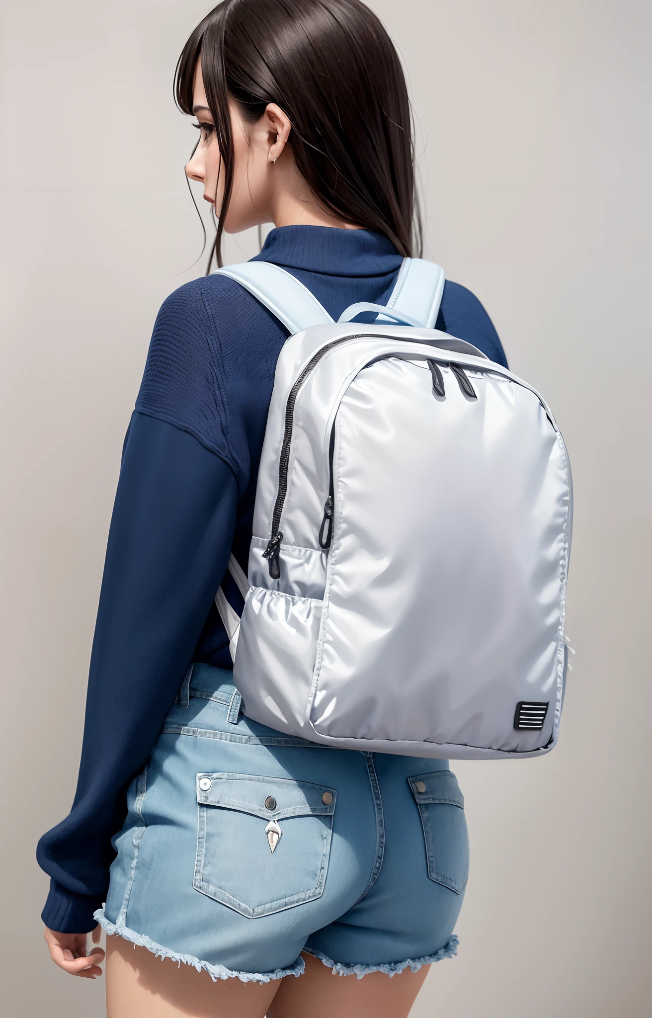 Uma mulher bonita de shorts esportivo (shorts esportivo tem) and blue sweater is carrying a backpack, shorts nylon, shorts esportivo, Behind Accentuated, Back from Toned, Propriedade tonificada, uma mochila, mochila, com uma mochila, mochila disco de controle remoto, Cool tonalizado, accentuated booty, acentos iridescentes brilhantes, com dois bolsos frontais, Metal refletivo, Foto do produto, ao entardecer!, Toneladas perolados |, Noite ao entardecer, Metal refletivo, vivid detail, dusk setting, perolado