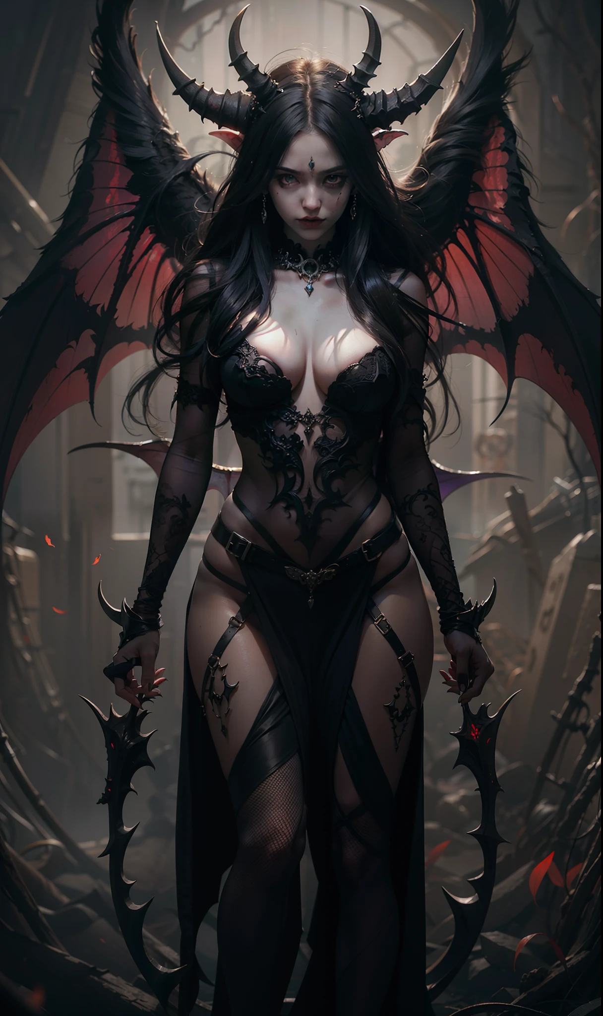 Beautiful full body photograph of perfect ((demonic Succubus)), slender body, ((big heavy breasts)), shapeless long hair, tiny horns, (wearing revealing gothic outfit), perfect features, abstract beauty, near perfection, pure form, ((dynamic pose)), ethereal demonic background, ((dark shadows)), ((rim lighting)), concept art by Greg Rutkowski and John William Waterhouse and Alphonse Mucha, stunning details, intricate details, 8k post-production, High resolution, super details, trending on ArtStation, sharp focus, depth of field f/1.8, studio photo.
