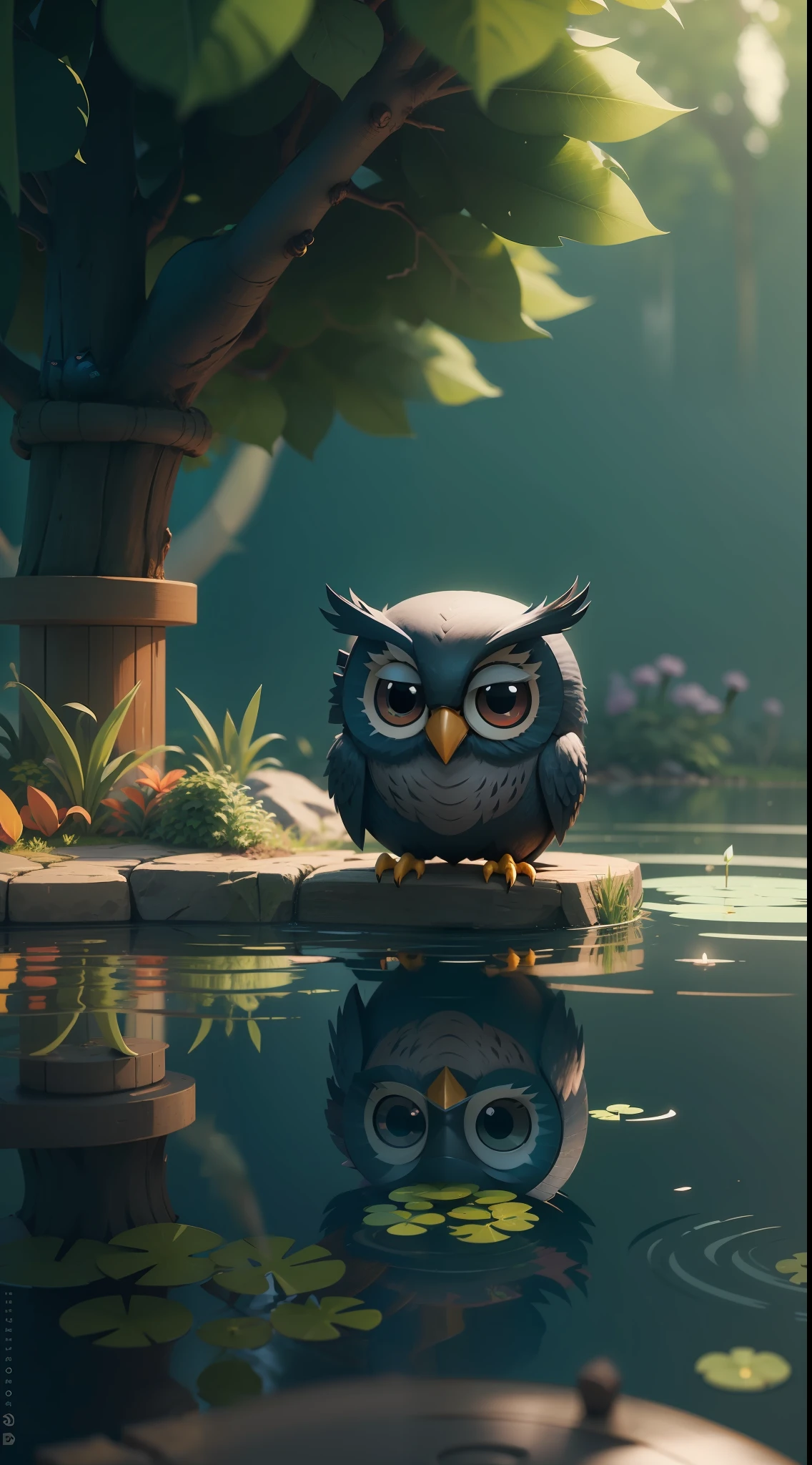 create a vibrant dark fantasy cute ninja owl in a clean-lined minimalistic cartoon style, in the background a pond with greenery all around on a fabulous evening, octane render, 8k
