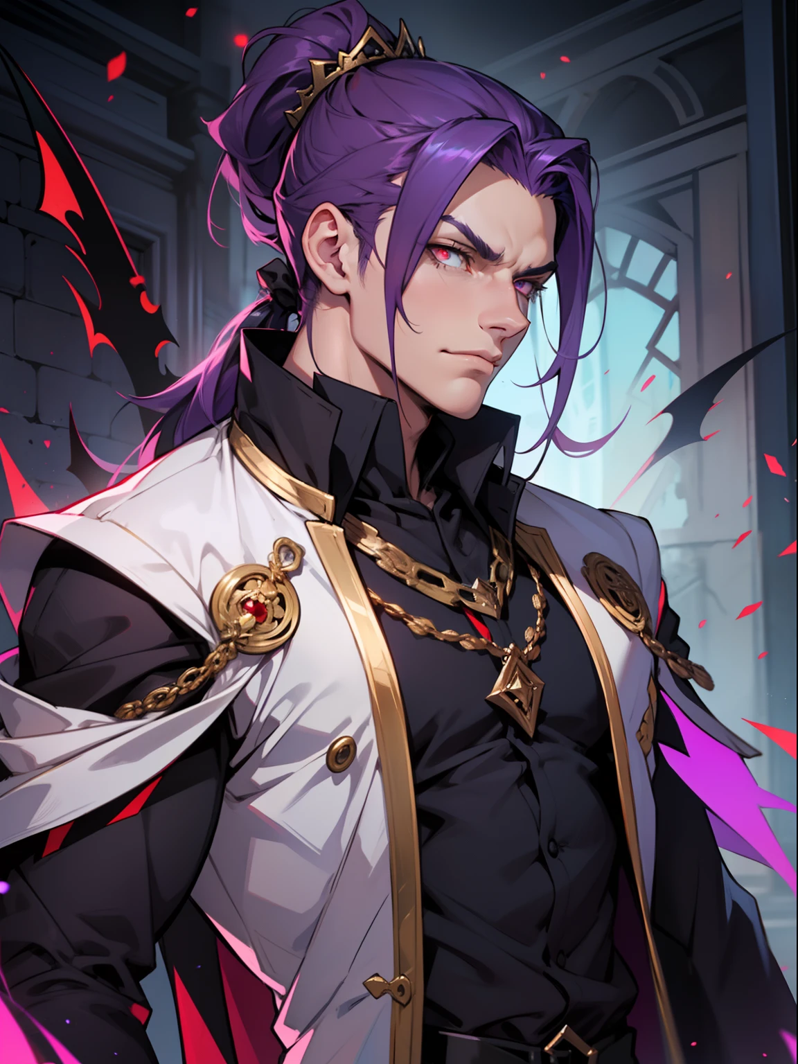 Handsome male, purple hair, short hair, wavy hair, detailed body, detailed hands, horns, expressionless, arrogant expression, red eyes, roman nose, almond eyes, navy blue tuxedo, black shirt, black tie, cocky, nightfall, handsome, bushy brows, pointy ears, ear piercings, rings, good looking, tattoos, dark skin, brown skin, charming, good quality, long hair, huge bulge in pants, veiny arms and hands, manly, blood on chest, standing in room