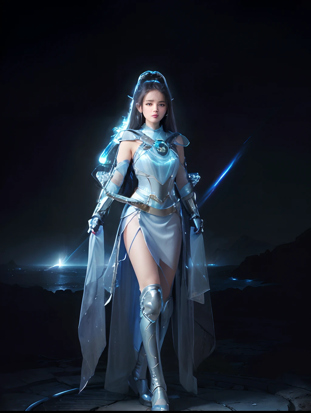 primitive, 1girll, Colorful, ((White matte armor, Blue lights )), (Masterpiece, Best quality), (Wired hair:1.5) (Detailed skin:1.3, Detailed face:1.3), Digital SLR, Realistic, (((Seductive pose, Detailed galaxy landscape))), Delicate, pastelcolor, Cinematic lighting transparent clothes