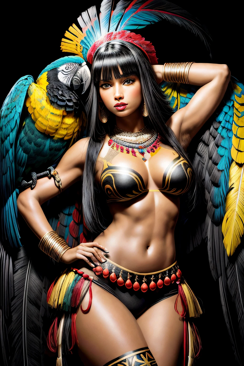 1girl, ((big chest)), (cut abdomen: 1.1), (perfect body: 1.1), (long straight hair: 1.2), ((black hair)), full body, wild Brazilian India Xavante, (((skin extreme tan))), straight black hair with bangs, huge blue macaw parrot feather headdress, athletic build, long, curvy legs, large parrot feather covering, black and red tribal paint, indigenous face paint, huge necklace of blue macaw parrot feathers, ((yellow eyes)), tall body, ((middle thigh)) by the amazon river, extremely detailed beautiful landscape (extremely detailed 8k CG wallpaper), (extremely delicate and beautiful), ( masterpiece), (best quality: 1.0), (ultra high resolution: 1.0), beautiful lighting, perfect lighting, realistic shadows, [high resolution], detailed skin, ((skin texture)), super detailed ((( colorful)))