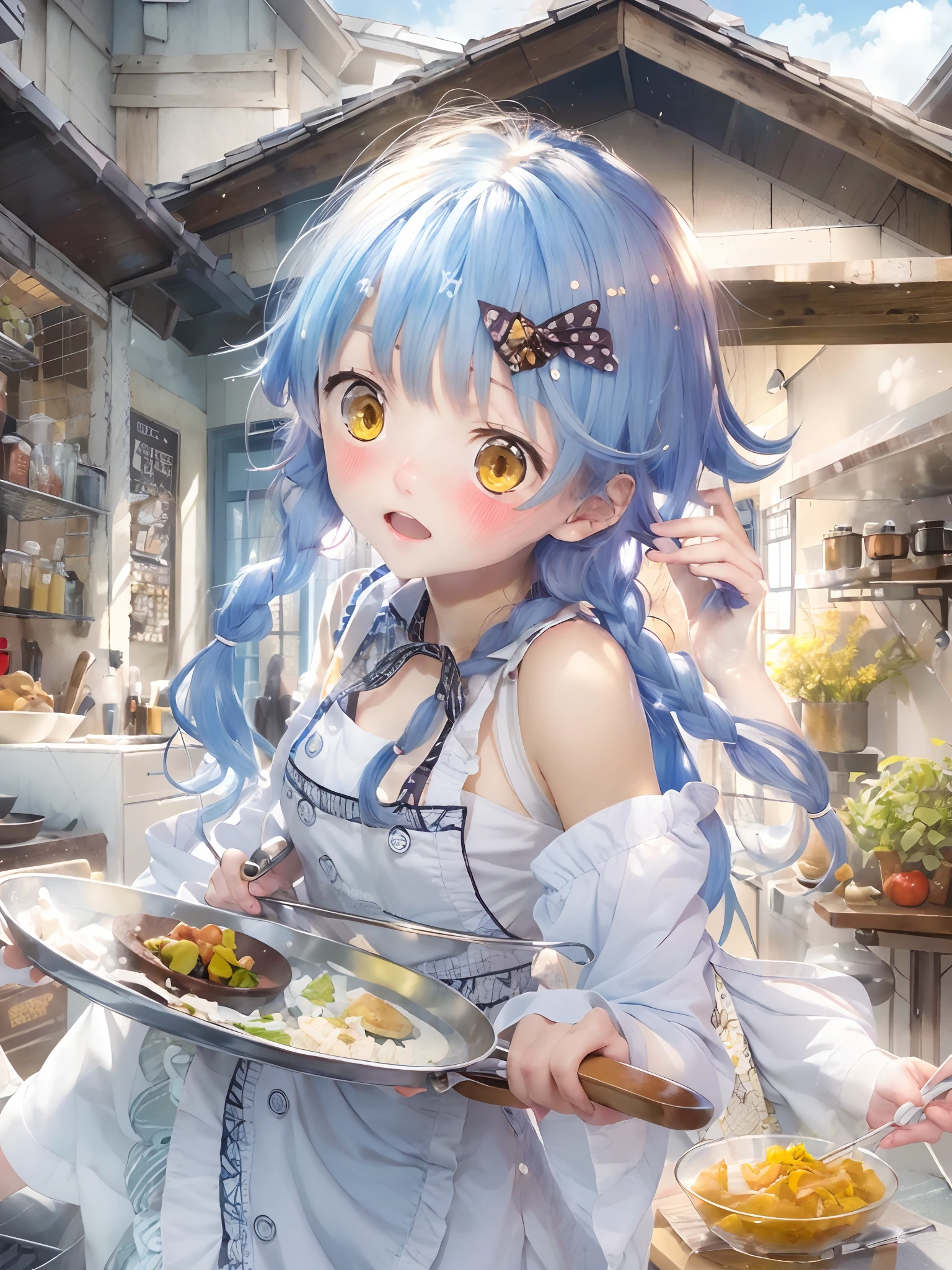 Hi-Res、masterwork、Megumi Tadokoro、Blue-haired、独奏、chef、Chef Costumes、kitchin、女の子1人、outside of house、background detailed、white  clothes、finely eye、（yellow  eyes）