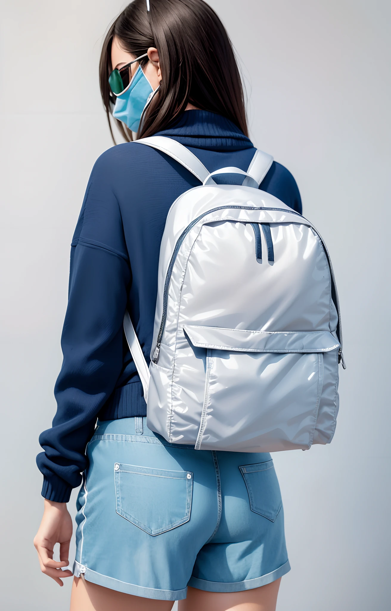 Uma mulher bonita de shorts esportivo (shorts esportivo tem) and blue sweater is carrying a backpack, shorts nylon, shorts esportivo, Accentuated back, Back from Toned, Propriedade tonificada, uma mochila, mochila, com uma mochila, mochila disco de controle remoto, Cool tonalizado, accentuated booty, acentos iridescentes brilhantes, com dois bolsos frontais, Metal refletivo, Foto do produto, ao entardecer!, Toneladas perolados |, Noite ao entardecer, Metal refletivo, vivid detail, dusk setting, perolado