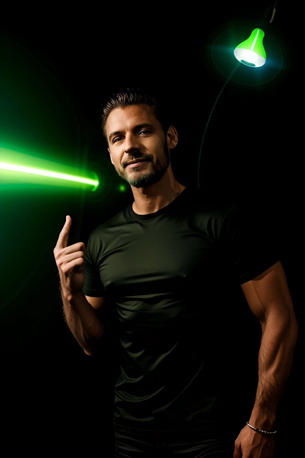 Man in black shirt standing with a black background in front of a background he is wearing a black T-shirt, Shot in the dark with studio lights and a futuristic cyborg steam punk green light