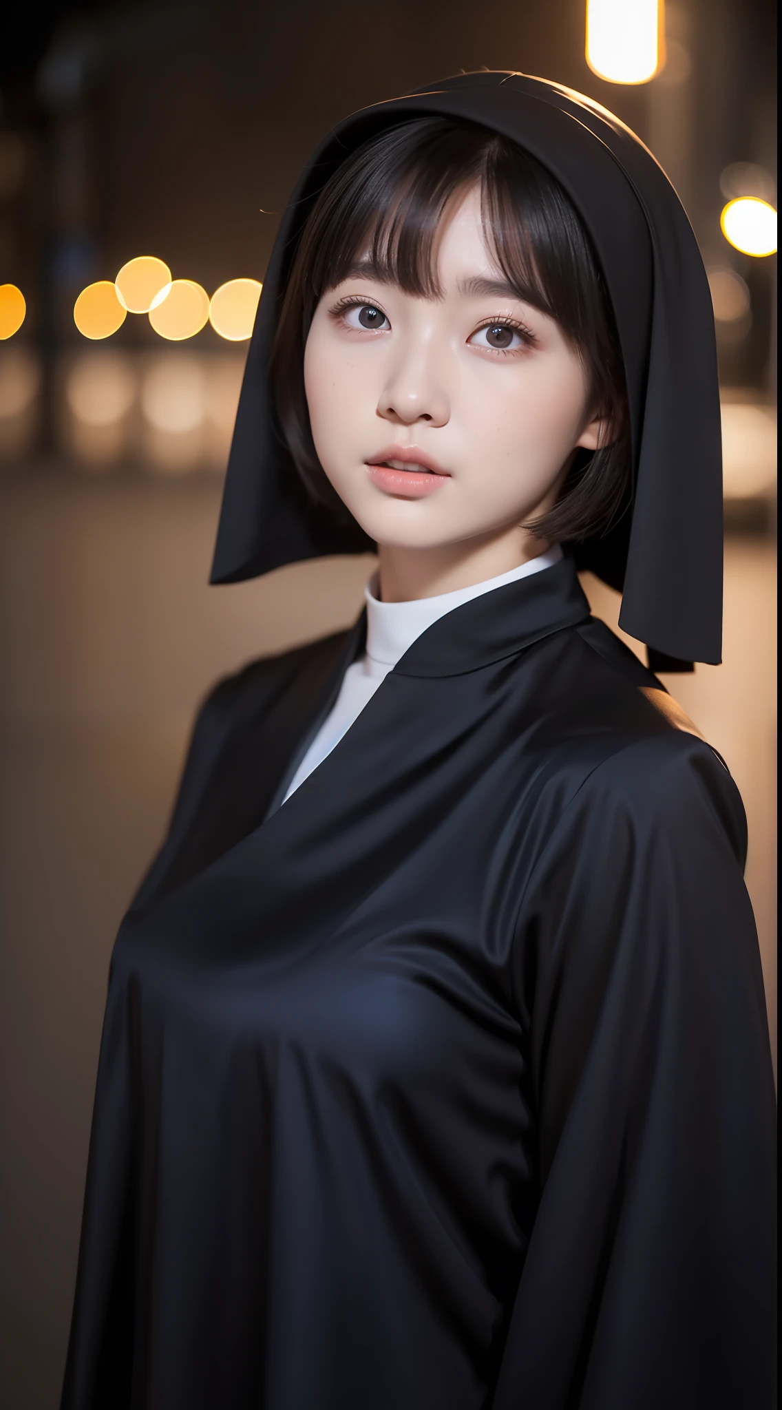 1 Girl , Perfect Beautiful , Baby Face , Korean 18 Years Old , Short Hair , Detailed Nun Dress , Muscular Body Builder , Extreme Detailed Portrait With Bokeh Effect , Realistic Lighting , Night Street View