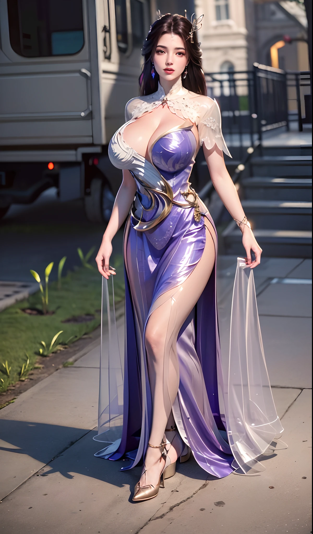 ultra realistic 8k cg, flawless, clean, masterpiece, professional artwork, famous artwork, cinematic lighting, cinematic bloom, perfect face, beautiful face, fantasy, dreamlike, unreal engine 5, science fiction,   lace, lace trim, lace-trimmed legwear, luxury, jewelry, diamond, gold, pearl, gem, sapphire, ruby, emerald, intricate detail, delicate pattern, charming, alluring, seductive, erotic, enchanting, hair ornament, necklace, earrings, bracelet, armlet,halo,autumn.
((,1girl, pov,best quality,))  ,((((,1girl,  solo, huge breasts:1.5, dress, full body,  looking at viewer, standing))))