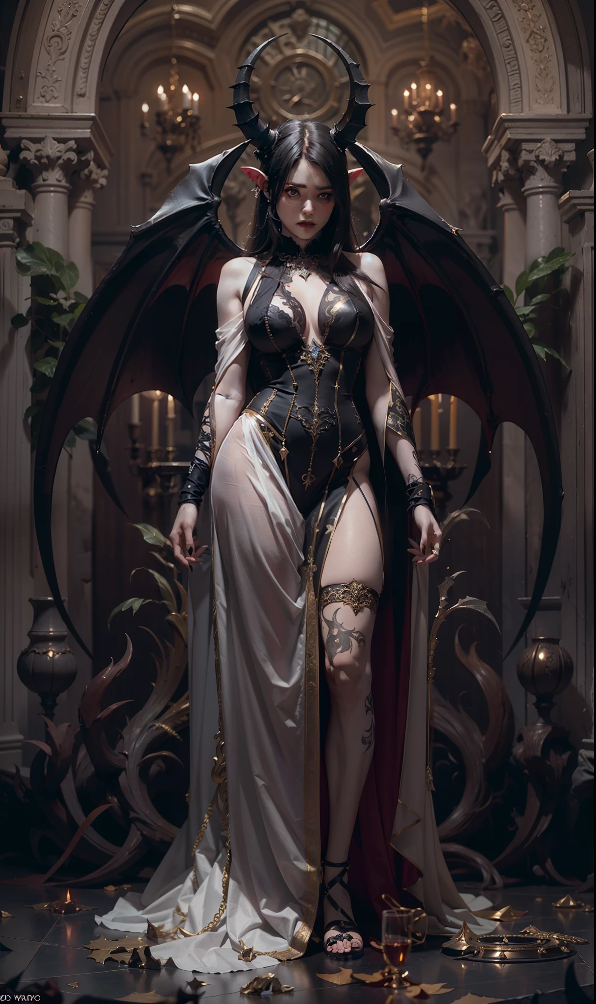 Beautiful full body photograph of perfect ((demonic Succubus)), slender body, ((big heavy breasts)), shapeless long hair, tiny horns, (wearing revealing gothic outfit), perfect features, abstract beauty, near perfection, pure form, ((dynamic pose)), ethereal demonic background, ((dark shadows)),  ((rim lighting)), concept art by Greg Rutkowski and John William Waterhouse and Alphonse Mucha, stunning details, intricate details, 8k post-production, High resolution, super details, trending on ArtStation, sharp focus, depth of field f/1.8, studio photo.