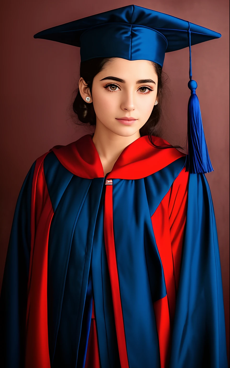 Arafed young in prom dress and cap with tassel, wearing an academic gown, vestindo manto azul, Foto de formatura, vestindo um manto azul, usando vestes e gravatas, foto de retrato em close-up, manto azul, vestindo um manto real, retrato closeup, fotografia retrato colorido, vestindo vestes de bruxo, vestindo longo manto real, vestes azuis, close up foto de retrato, foto de retrato detalhada
