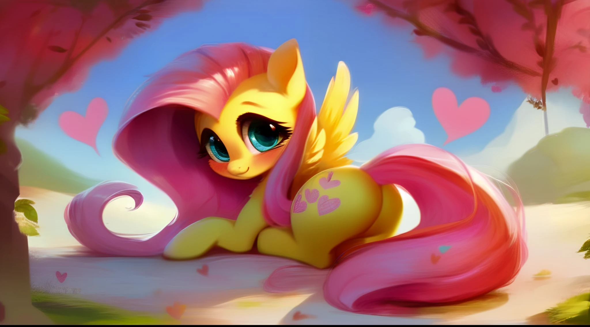 Fluttershy, cute, feral, butt, looking back, wallpaper, cute, blushing, looking at you, smiling, suggestive, hearts, wings, score_9