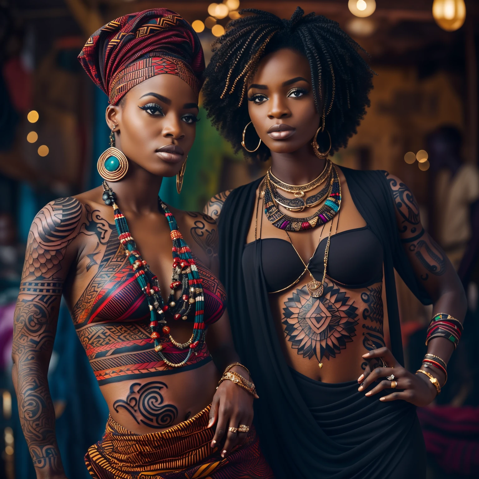 A Full photo of two black African woman standing facing me, Beautiful damsel,(African tattoo:1.2), body shining, world best fashion, African jewelries, Best fashion, African colourful background, pronounced feminine feature, insane details, perfect fingers, Perfect eyes, perfect eyes looking, intricate details, hyperdetailed, African background, medieval tavern, Indoors , detailed shadows, indoor hasselblad X2D 100c, hasselblad XCD 80mm f/1.9 lens depth of field, bokeh,film grain, sharp focus, 8k, UHD, HDR, high-res, absurdres, Award winning photography, best composition, perfect eyes, perfect face features, well detailed, perfect eye looking,