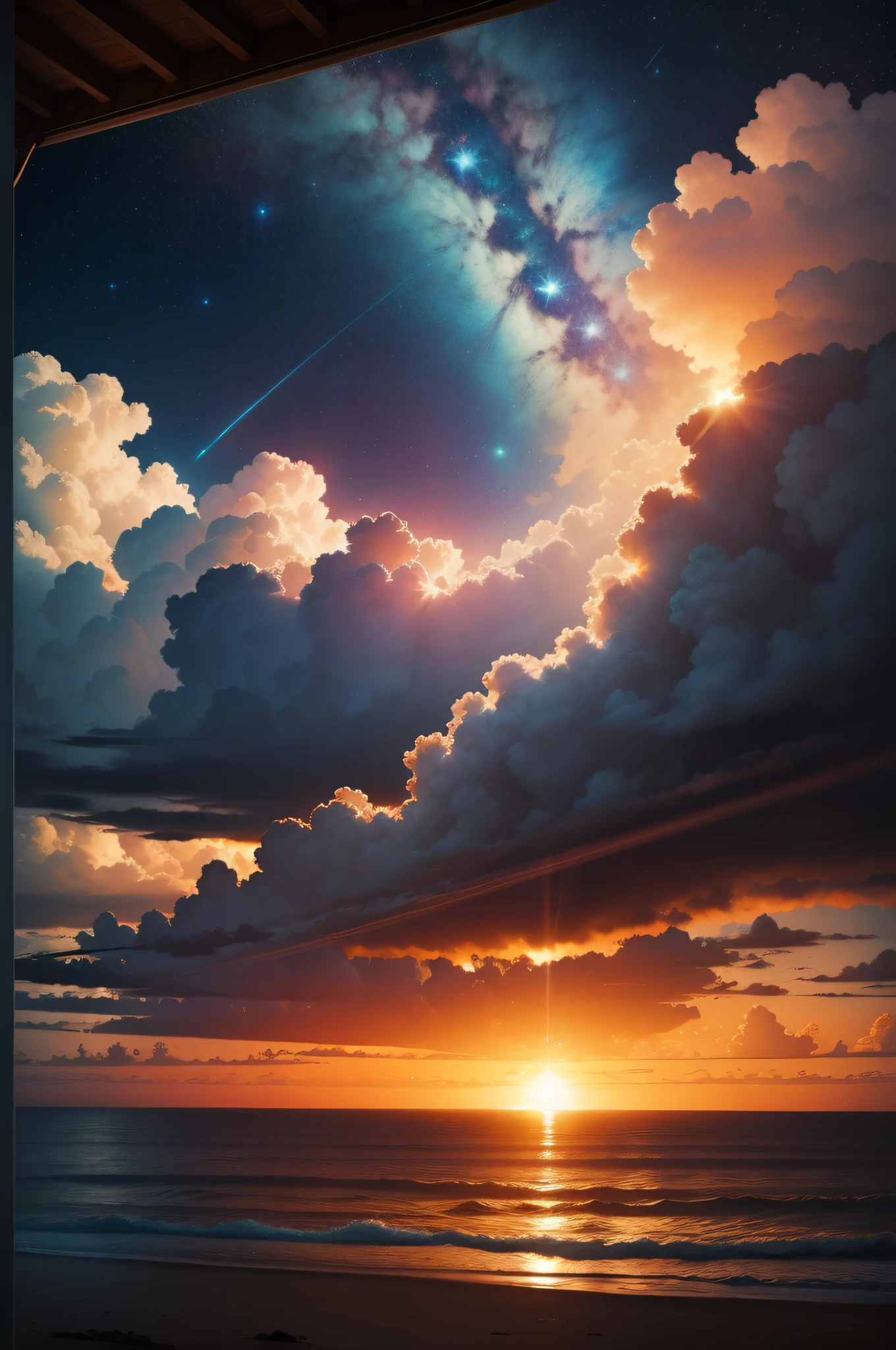 por do sol laranjado com galaxias atras do sol