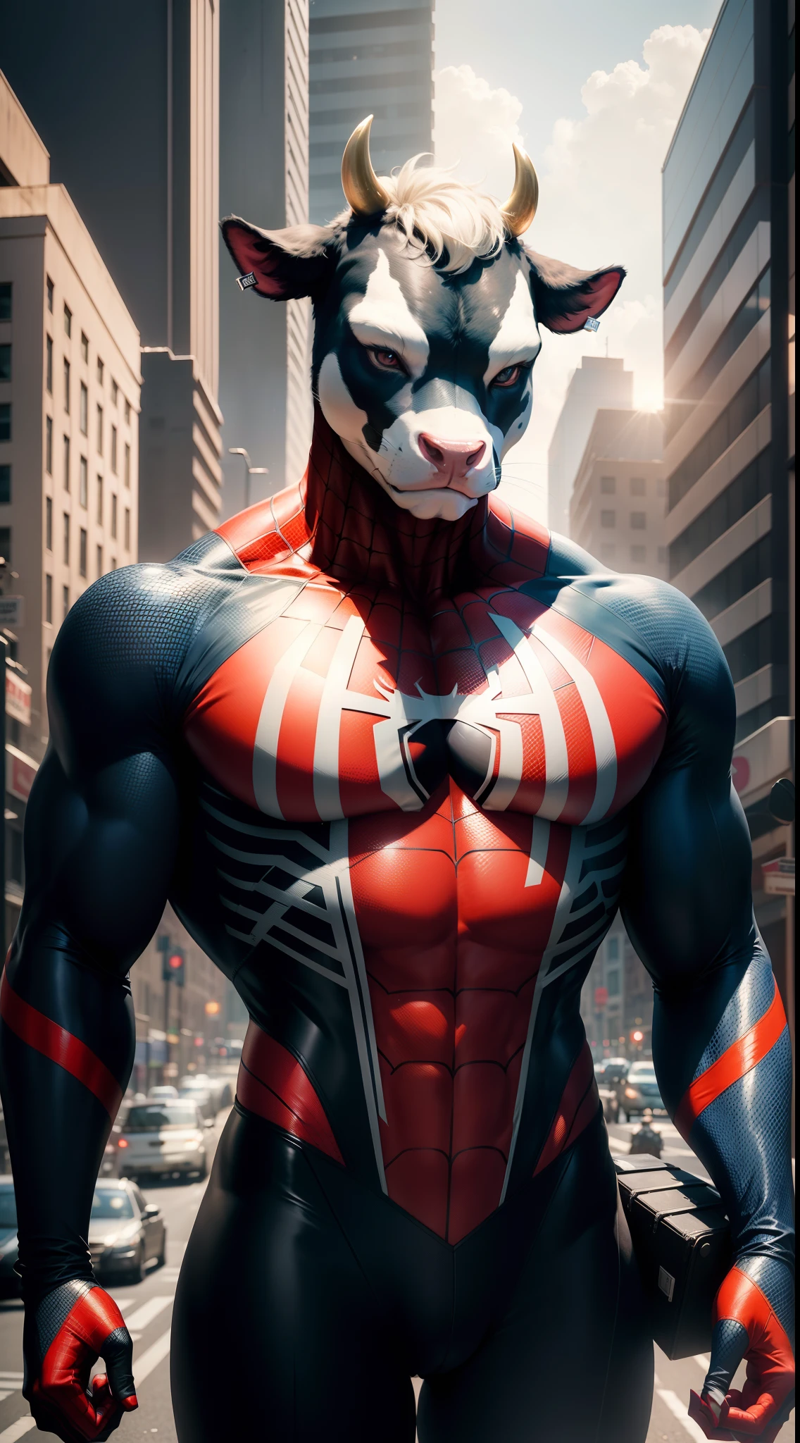 1 male furry, a cow, a cow in spiderman suit, half body, bright light, front lighting, daylight, outdoor, cinematic, 8k wallpaper