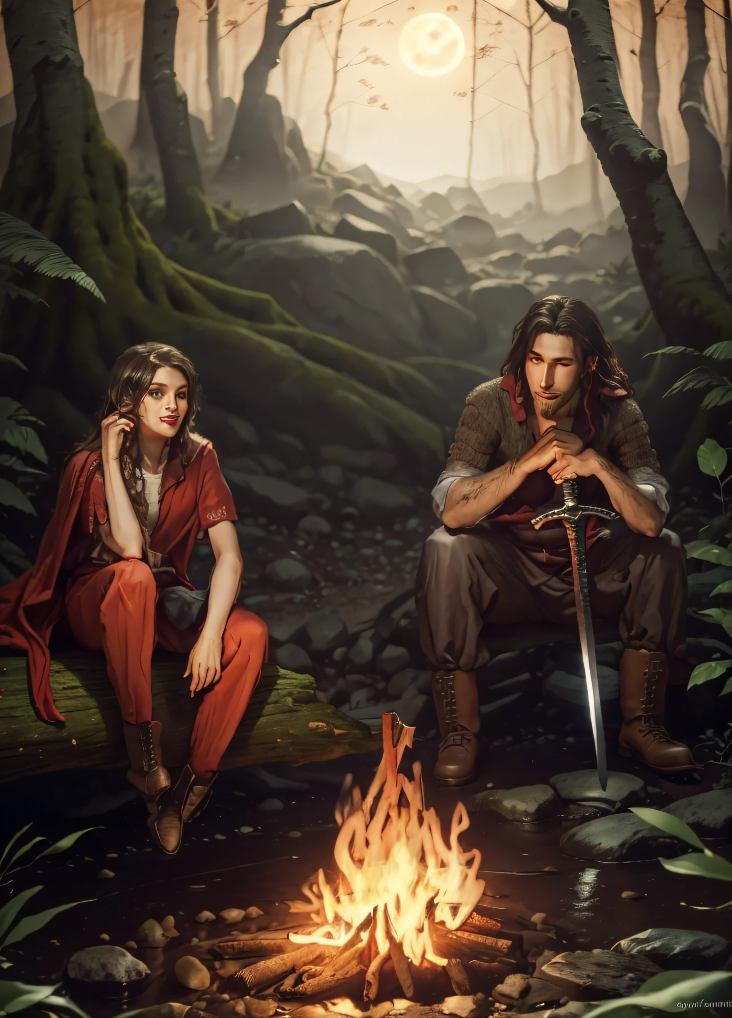 Two people sitting by the fire and talking, man and woman, Beautiful faces, Beautiful facial features, expressive eyes, Smile, Man has a sword, He leans on a sword;, high grass, stones and a wood-burning fire, at a campfire in the forest, Bright Night, Moonlit night, at a campfire at night, in the woods, Sitting in the woods, Fan art, twilight, a big moon ; higly detailed, Hyper-realistic, Digital Painting, talking around a fire, In the woods at night, in a forest at night