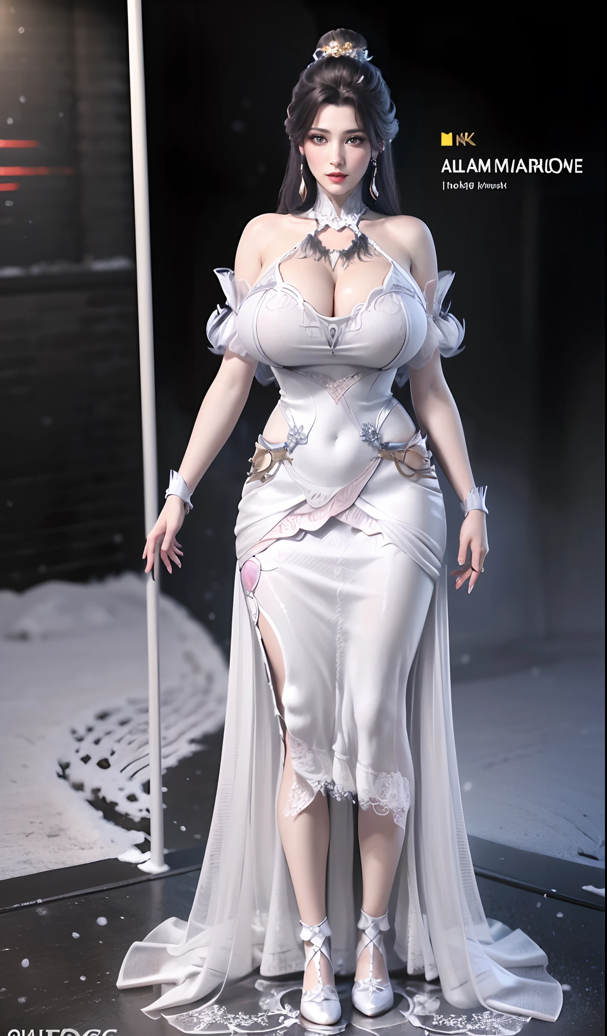 ultra realistic 8k cg, flawless, clean, masterpiece, professional artwork, famous artwork, cinematic lighting, cinematic bloom, perfect face, beautiful face, fantasy, dreamlike, unreal engine 5, science fiction, lace, lace trim, lace-trimmed legwear, luxury, jewelry, diamond, gold, pearl, gem, sapphire, ruby, emerald, intricate detail, delicate pattern, charming, alluring, seductive, erotic, enchanting, hair ornament, necklace, earrings, bracelet, armlet,halo,autumn.
((,1girl, pov,best quality,)) ,((((,1girl, solo, huge breasts:1.5, snow white dress, full body, looking at viewer, standing))))