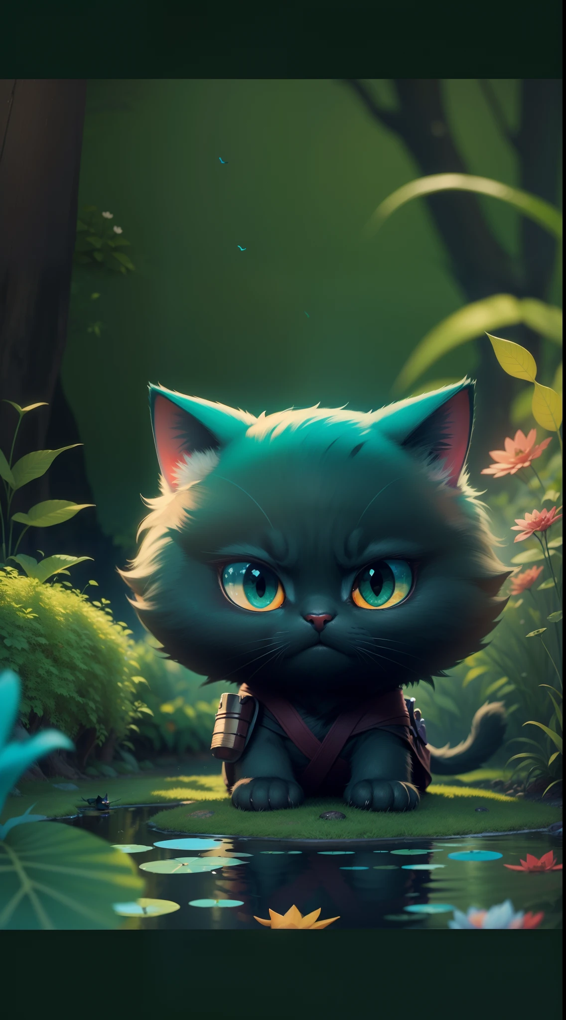create a vibrant dark fantasy cute ninja cat in a clean-lined minimalistic cartoon style, in the background a pond with greenery all around on a fabulous evening, octane render, 8k