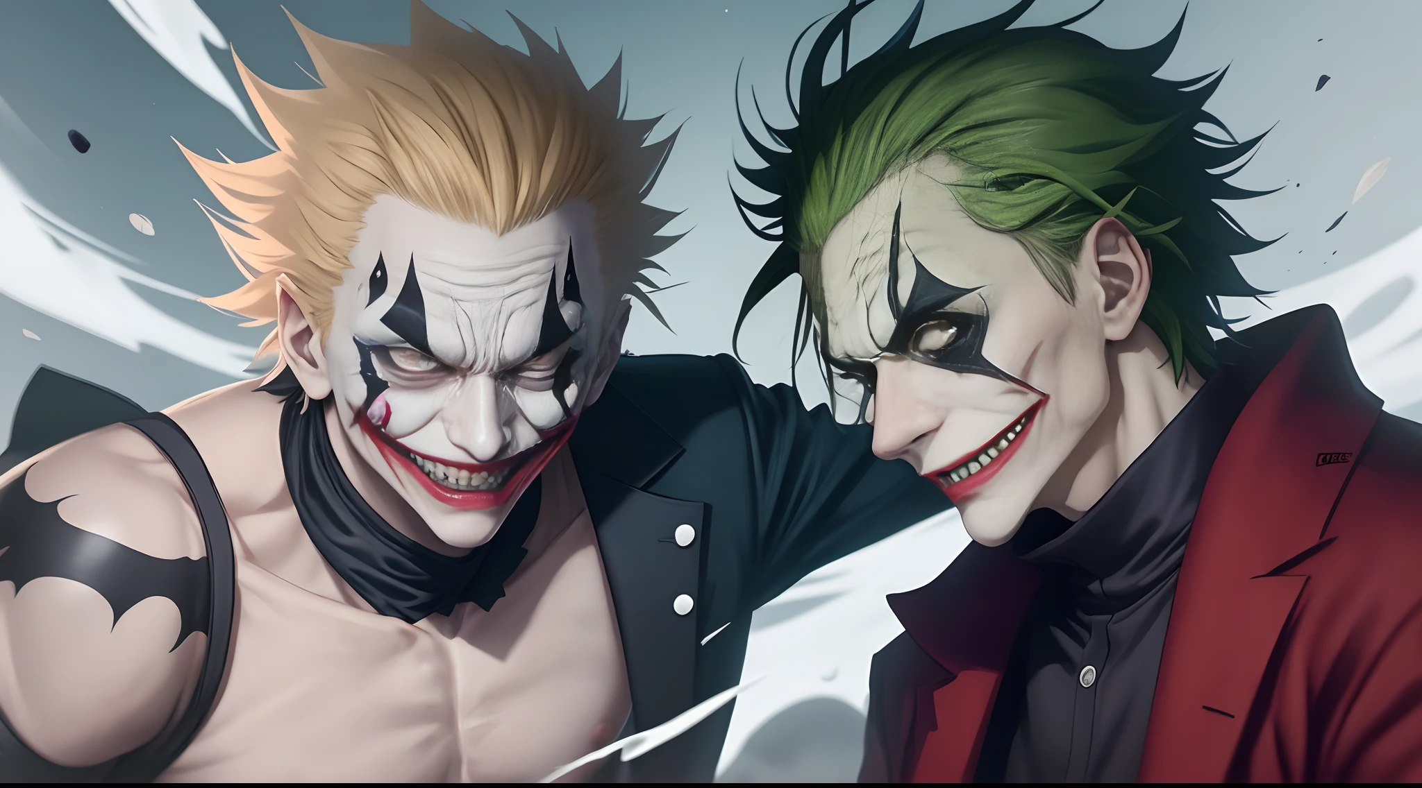 Joker and Batman cartoon style, (Absurdres, Intricate Details, Masterpiece, Best Quality, High Resolution, 8k), Sinister Man, Laughing.Detailed Background, Detailed Face, (V0id3nergy, Empty Theme:1.1) evil clown, tattered robes (smile: 0.8), purple and green color scheme, dark scarlet light,scenery streets of gotan , bright magic runes,