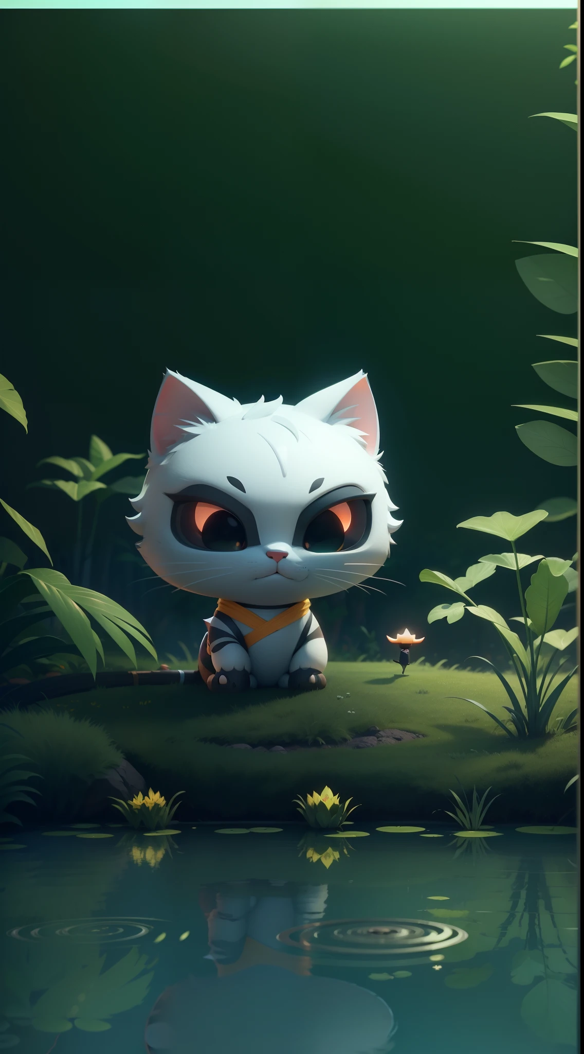 create a vibrant dark fantasy cute ninja cat in a clean-lined minimalistic cartoon style, in the background a pond with greenery all around on a fabulous evening, octane render, 8k