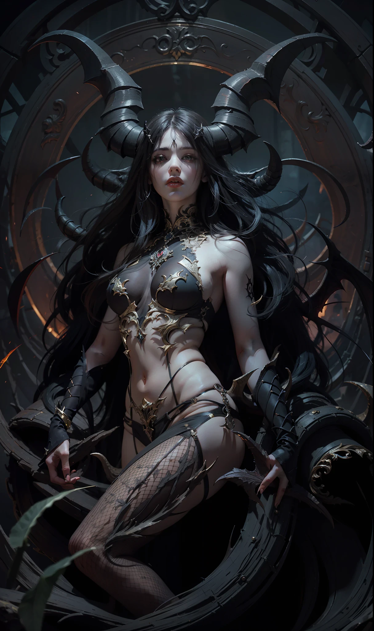 Beautiful full body photograph of perfect ((demonic Succubus)), slender body, ((big heavy breasts)), shapeless long hair, tiny horns, (wearing revealing gothic outfit), perfect features, abstract beauty, near perfection, pure form, ((dynamic pose)), ethereal demonic background, ((dark shadows)),  ((rim lighting)), concept art by Greg Rutkowski and John William Waterhouse and Alphonse Mucha, stunning details, intricate details, 8k post-production, High resolution, super details, trending on ArtStation, sharp focus, depth of field f/1.8, studio photo.
