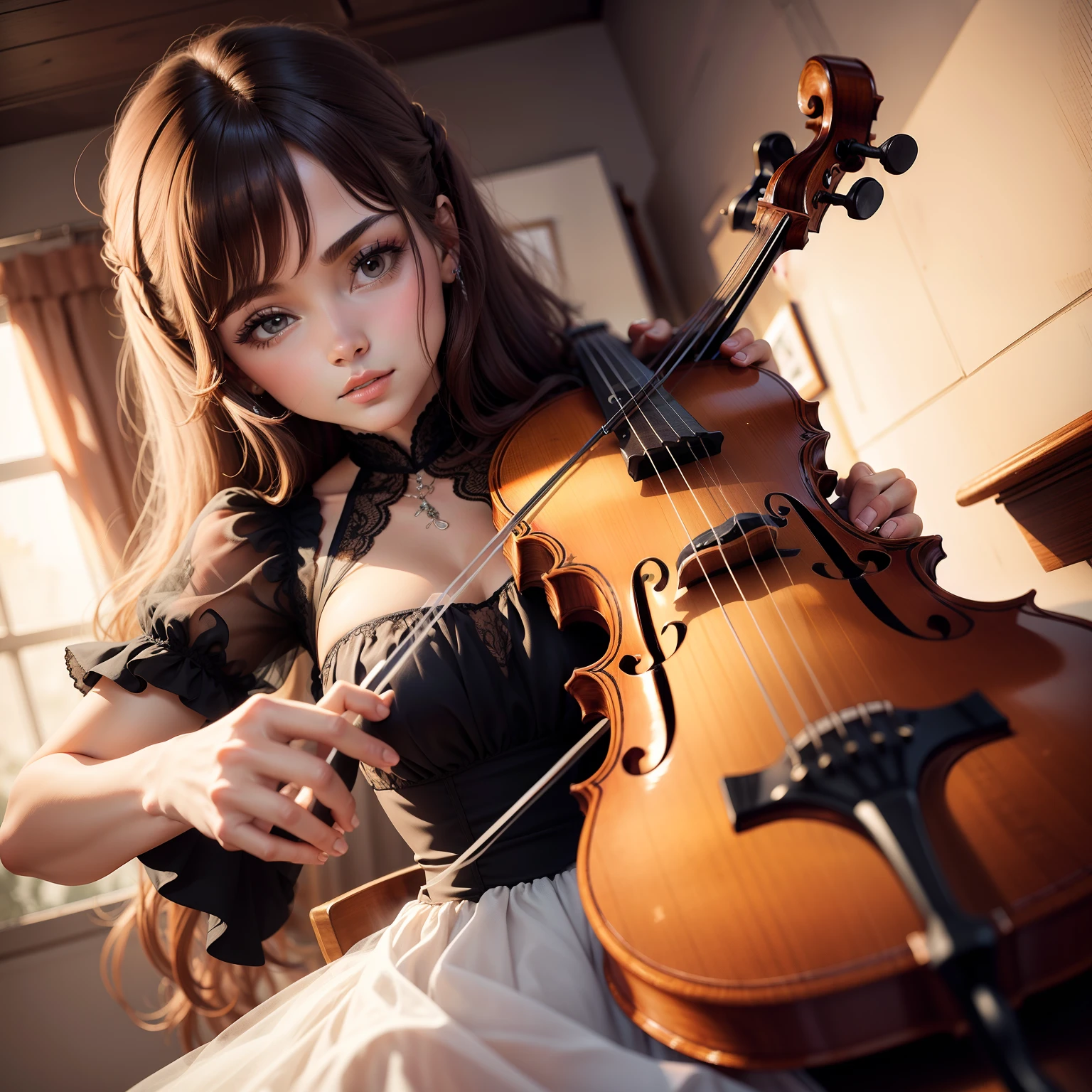 Mulher com vestido curto transparente tocando violino