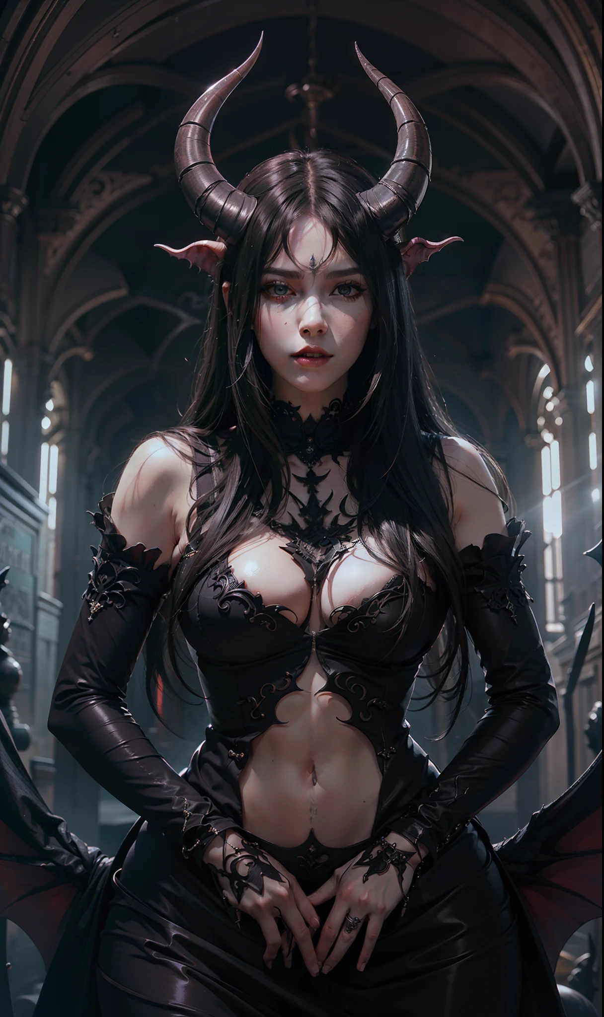 Beautiful full body photograph of perfect ((demonic Succubus)), slender body, ((big heavy breasts)), shapeless long hair, tiny horns, (wearing revealing gothic outfit), perfect features, abstract beauty, near perfection, pure form, ((dynamic pose)), ethereal demonic background, ((dark shadows)), ((rim lighting)), concept art by Greg Rutkowski and John William Waterhouse and Alphonse Mucha, stunning details, intricate details, 8k post-production, High resolution, super details, trending on ArtStation, sharp focus, depth of field f/1.8, studio photo.