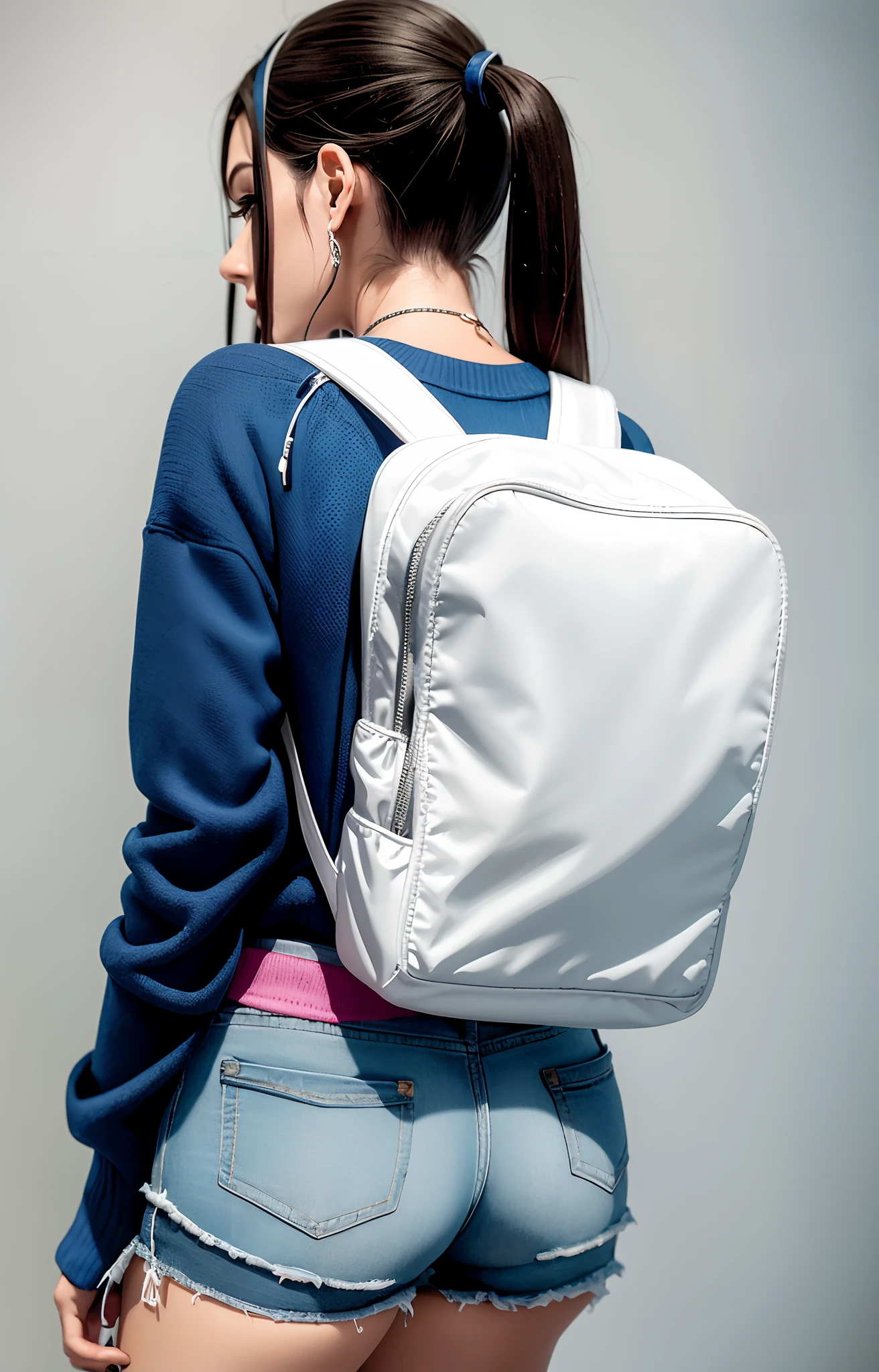 Uma mulher bonita de shorts esportivo curto (shorts esportivo curto tem) and blue sweater is carrying a backpack, shorts nylon, shorts esportivo, Costas acentuadas,  Back from Toned, Propriedade tonificada, ((shorts esportivo bem curto)) uma mochila, mochila, com uma mochila, mochila disco de controle remoto, Cool tonalizado, accentuated booty, acentos iridescentes brilhantes, Metal refletivo, Foto do produto, ao entardecer!, Toneladas perolados |, Noite ao entardecer, Metal refletivo, vivid detail, dusk setting, perolado