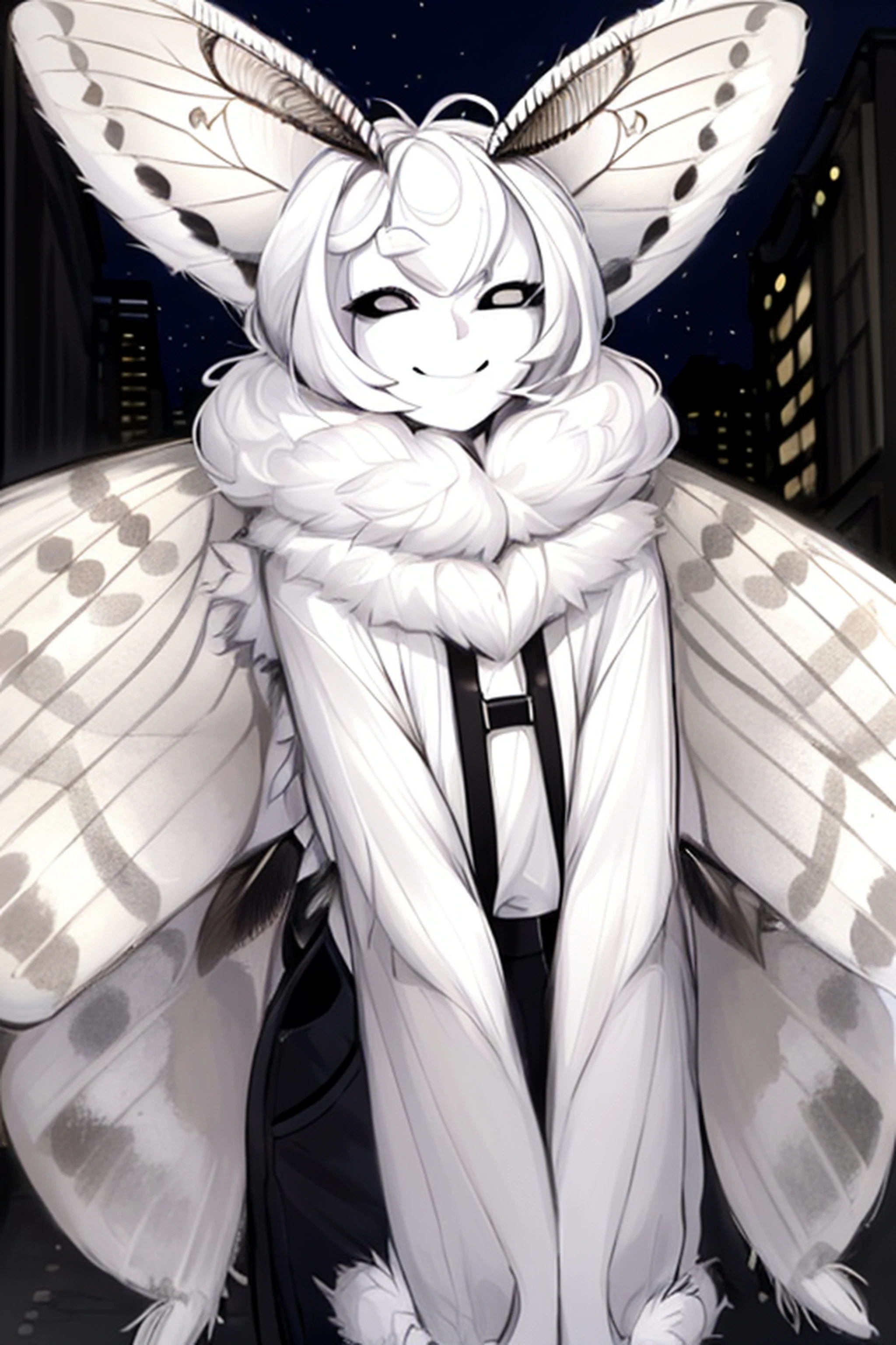 masterpiece, best quality, 1girl, solo, moth girl, white hair, white skin, four arms, multiple arms, black eyes, neck fur, moth antennae, smiling, (white moth wings), multiple wings, casual top, black pants, fur collar, outside, city, day, streetlight