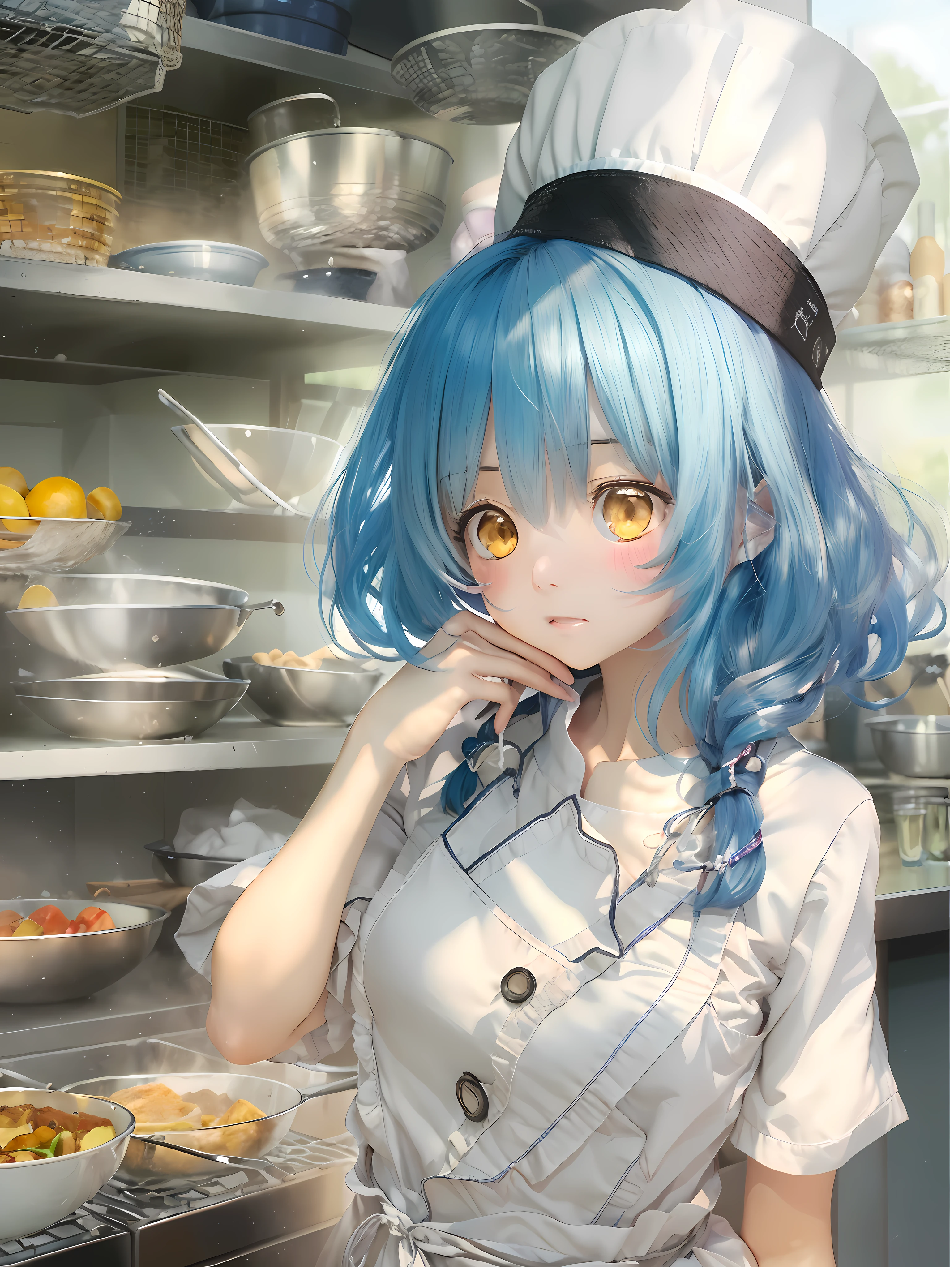 Hi-Res、masterwork、Megumi Tadokoro、Blue-haired、独奏、chef、Chef Costumes、kitchin、1人、outside of house、background detailed、white clothes、finely eye、(yellow eyes)
