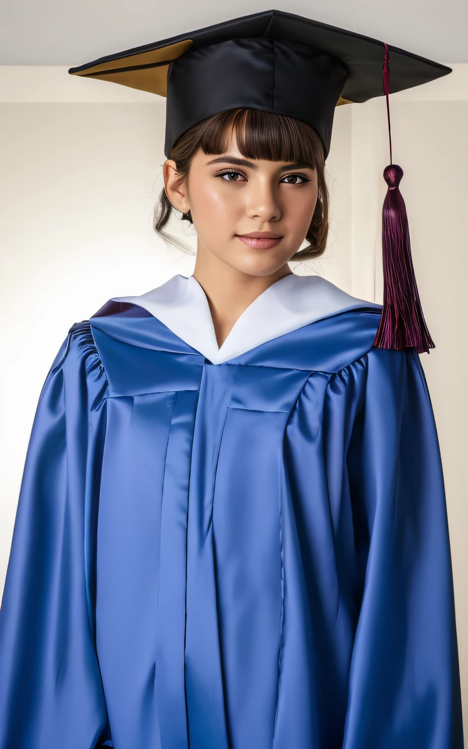 Arafed young in prom dress and cap with tassel, wearing an academic gown, vestindo manto azul, Foto de formatura, vestindo um manto azul, usando vestes e gravatas, foto de retrato em close-up, manto azul, vestindo um manto real, retrato closeup, fotografia retrato colorido, vestindo vestes de bruxo, vestindo longo manto real, vestes azuis, close up foto de retrato, foto de retrato detalhada