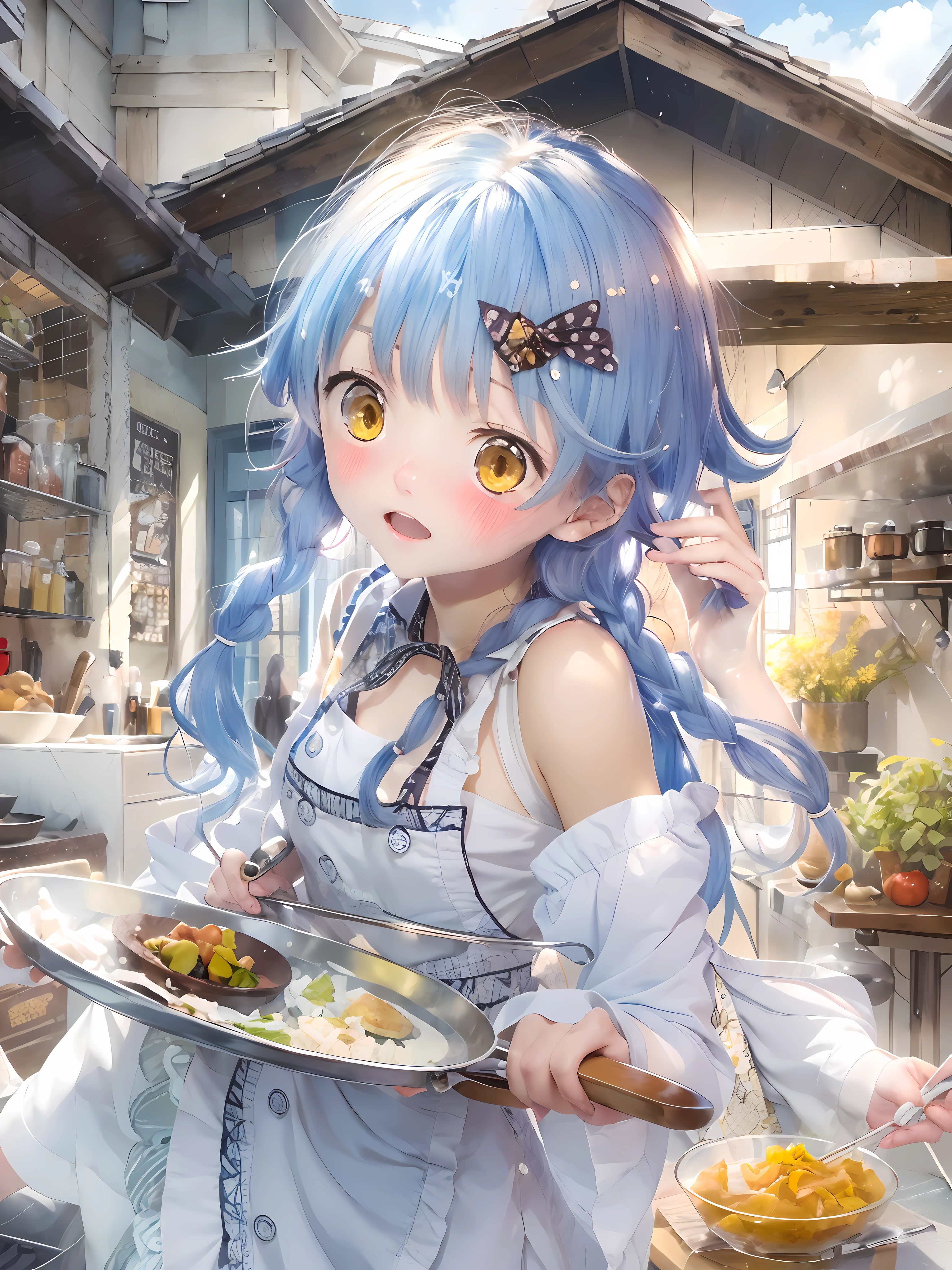 Hi-Res、masterwork、Megumi Tadokoro、Blue-haired、独奏、chef、Chef Costumes、kitchin、***1人、outside of house、background detailed、white  clothes、finely eye、（yellow  eyes）