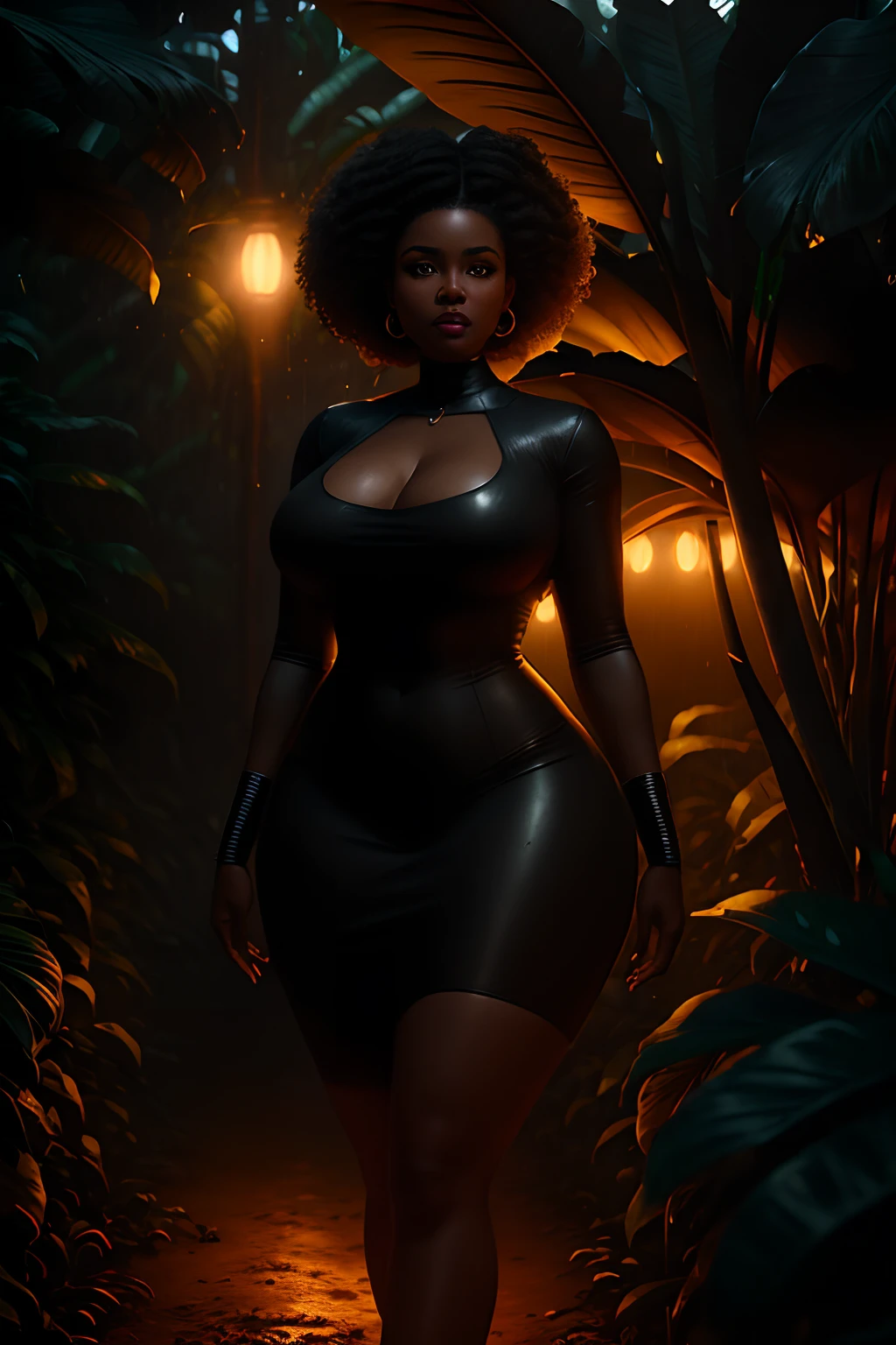 Black woman beautiful face and curvy body, standing in a dim lit banana plantation, raining at night time, photorealistic image, 8k, ultra HD, unreal engine rendered, cinematic lighting, artgerm style,